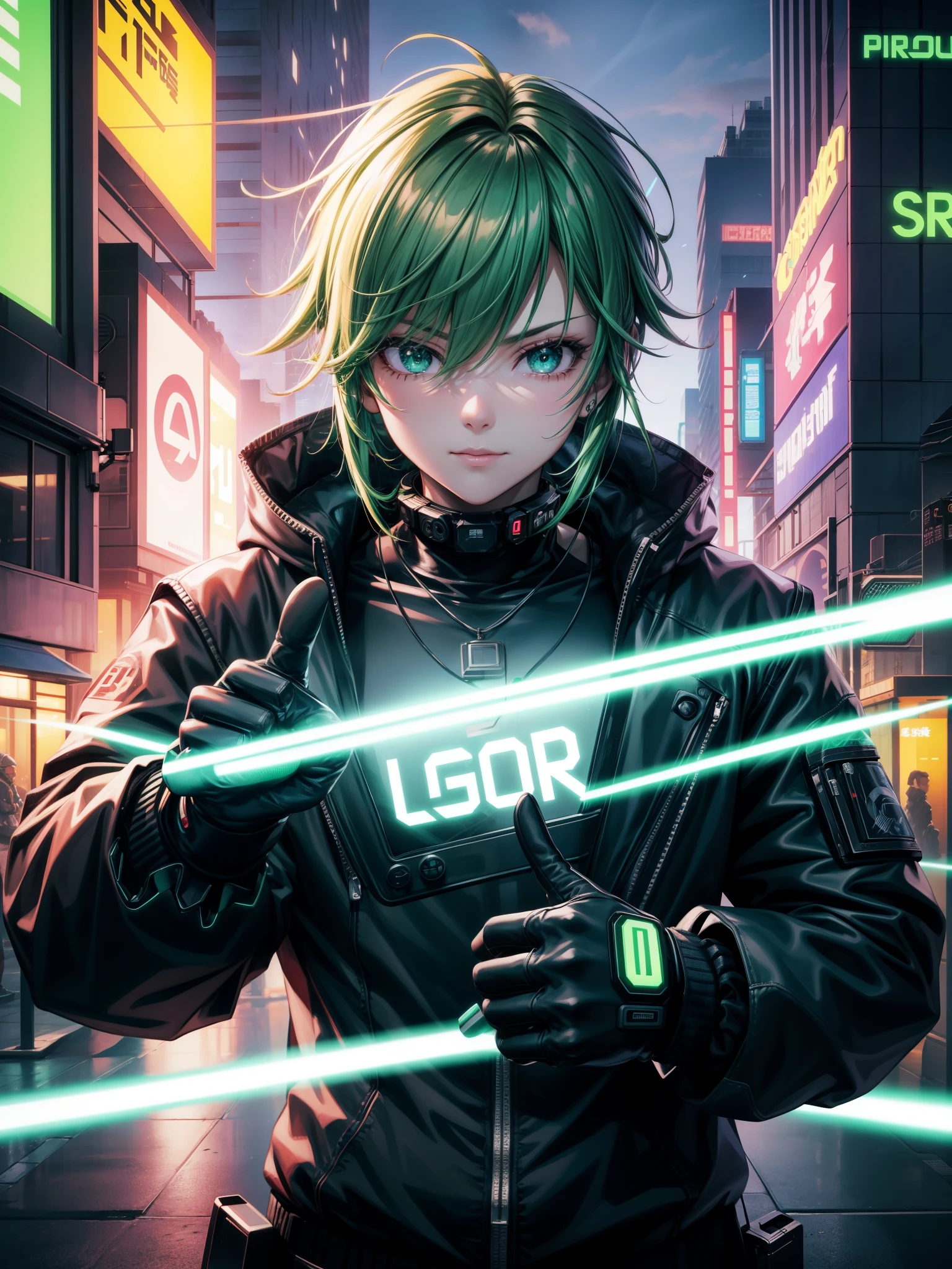 cyber punk ゲイブ ニューウェル、Bright green letters on shirt「G Money」、Laughter、Steam Summer Sale、hacker、Gayben has all the money.、Glowing green dollar sign in eye、greedy、Having money in your hands、Future、SF 、Green glowing mechanical glove、Cityscape、rooftop、Luxury Suite、thumbs up、cyber punk、cyber punkアート、Perfect light、
