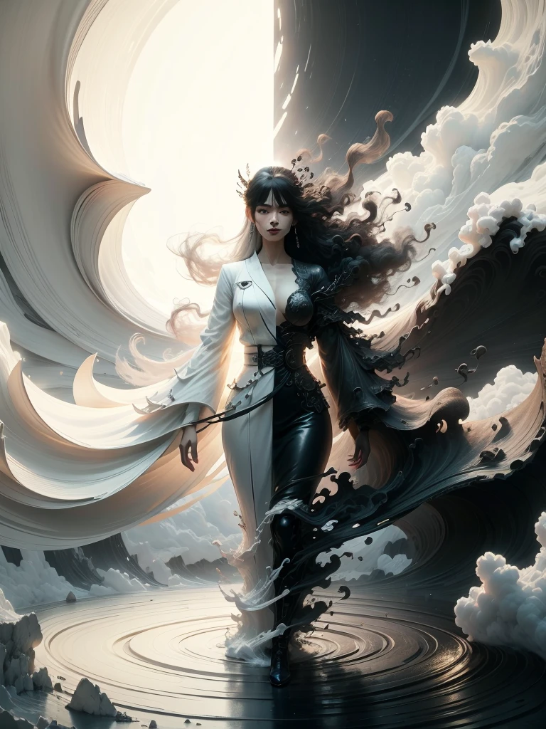 wabstyle, glowing, robe, (fog,:1.2) (mist:1.2), smoke, woman composed of white light, woman composed of black smoke, fire, sun, (photorealistic:1.4), cowboy shot, cinematic angle, fisheye, motion blur, nude, sexly, shoujo kitou-chuu,blue fire, frie rain, Long hair fluttering in the wind, loong, wave, The best smile when you see me、cute emo woman, long dark (white and black hair), punk-rock Lolita, natural breasts, waist up portrait, full body portrait, fashion photography, long wavy white and black hair, ((long black leather coat)), perfect face, ((full body portrait)) no background, Ultra-high definition beautiful teeth, realistic hands, sassi_di_matera in background, wide angle landscape of Matera