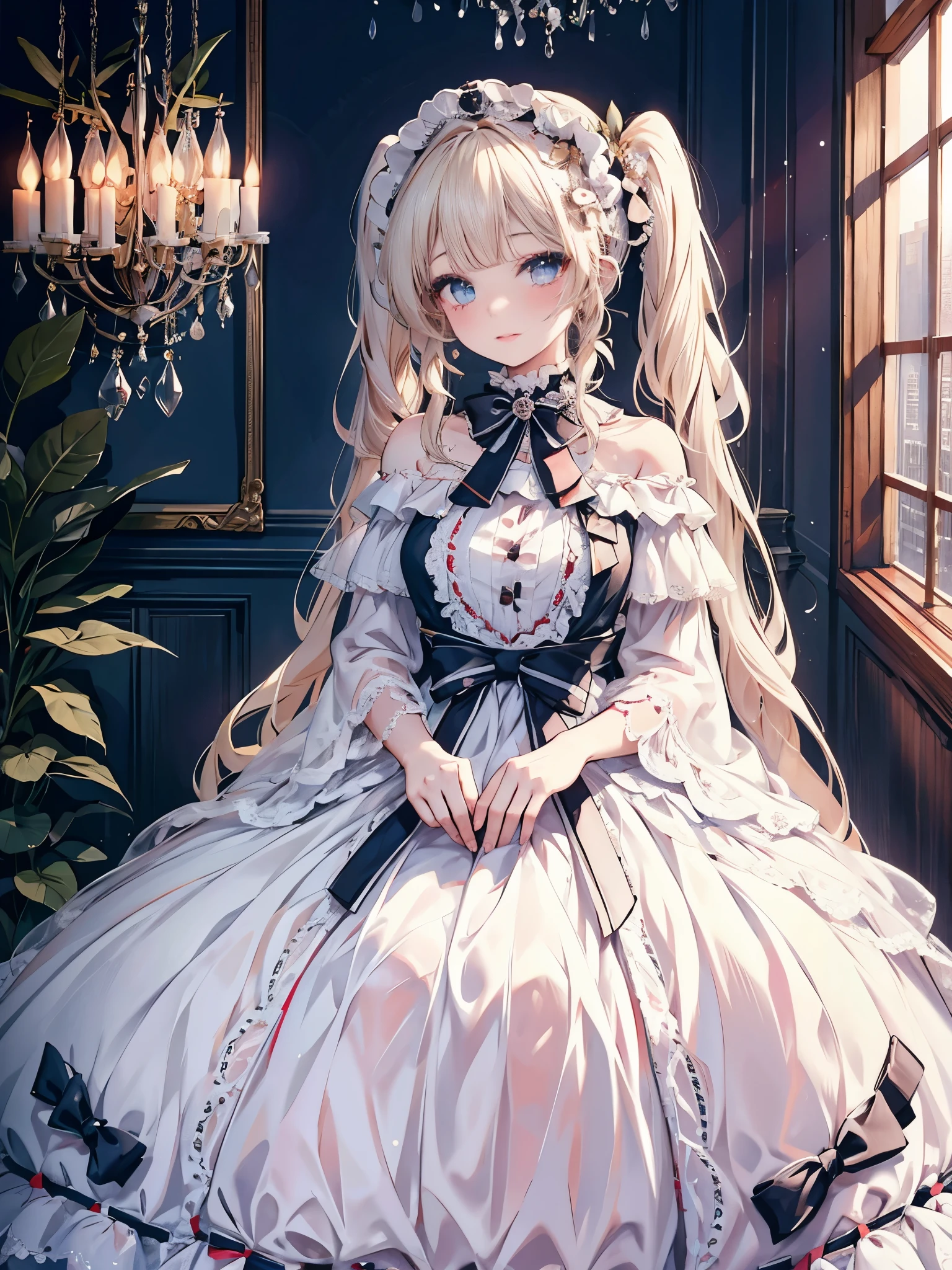 masterpiece, highest quality, High resolution, SA1, Floral Off-Shoulder Dress, sparkling eyes, false eyelashes, Platinum Blonde Twin Tails, Cute atmosphere, Rose,