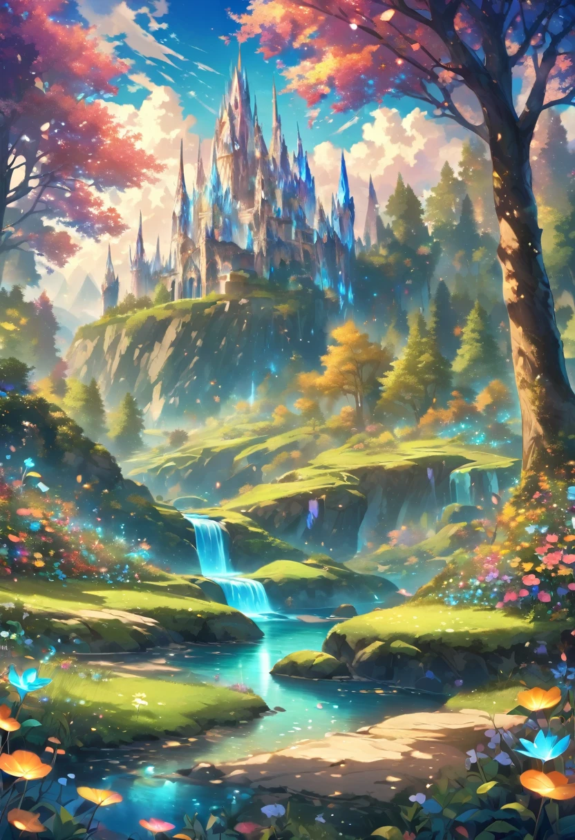 Blue sky，White Cloud，grassland，crystal castle，Flowers，river，Tree，Beautiful grounds