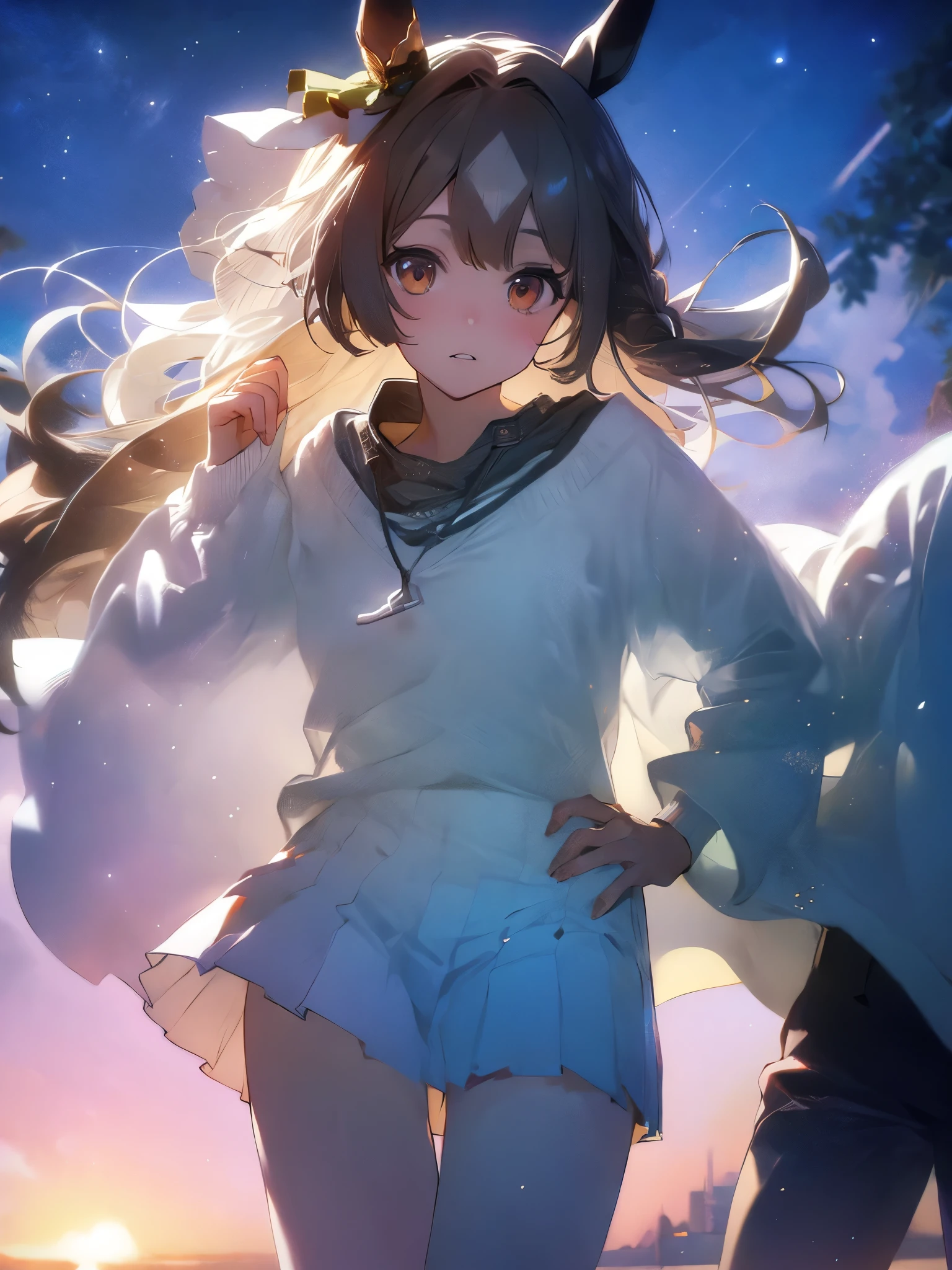 satono diamond,umamusume、A girl whose pleated miniskirt is turned up by a strong wind to reveal her white panties,((Small Bust)),(highest quality、4k、8k、High Resolution、masterpiece:1.2)、Super detailed、(Photorealistic:1.37)、Portrait、Sharp Focus、feminine、delicate、White skin、Subtle curves、Gentle expression、Soft lighting、Bright colors、Artistic atmosphere