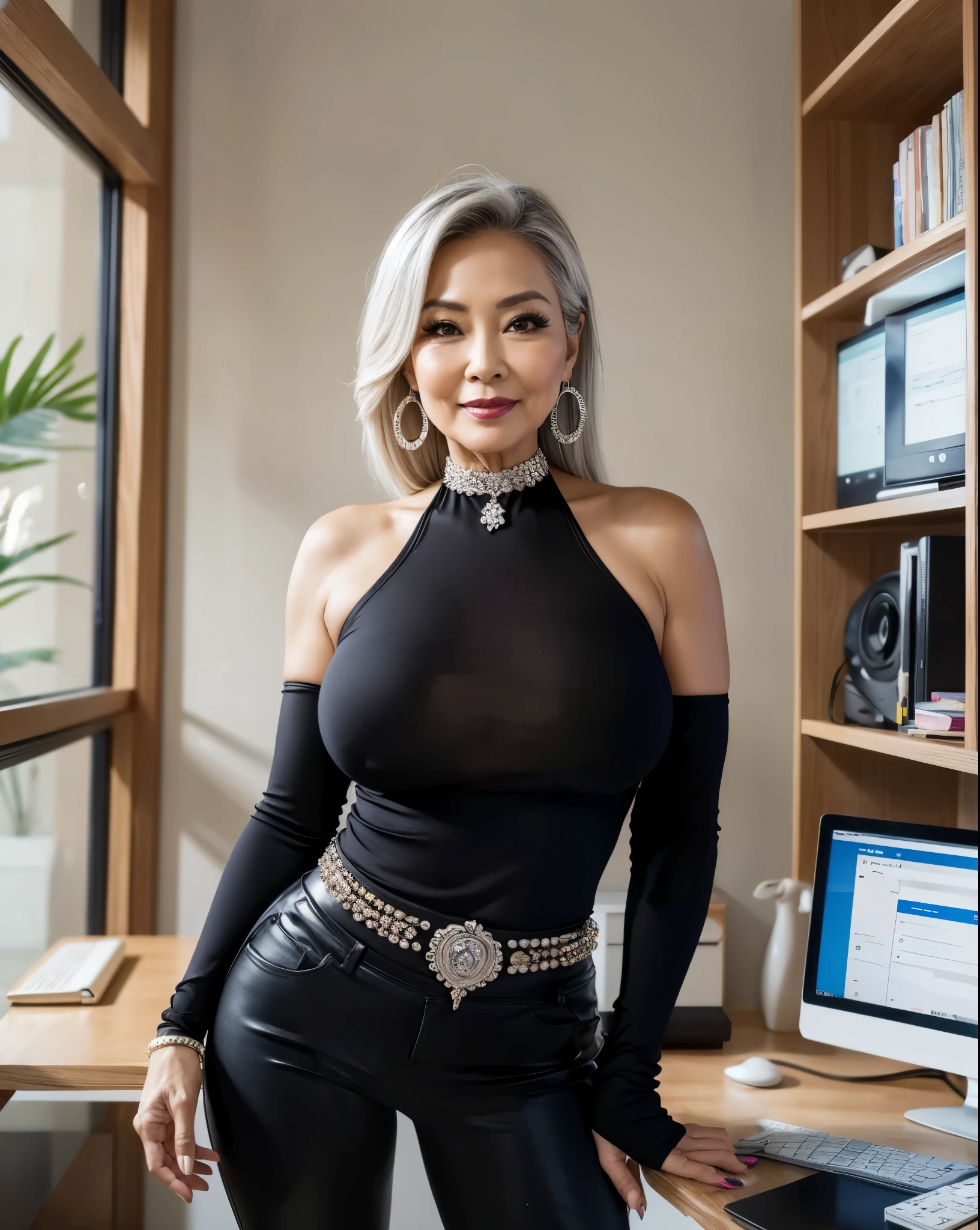 75 years old　Mom　MILF　Korean, Lady　large earring　Big choker　navel piercing decoration　A bracelet　Silver Hair　realisitic　Gorgeous Madame Beautiful Mature Woman　sexy　Smile　Gentle woman navel piercing　４K　High quality office　computer　Gorgeous Madame Beautiful Mature Woman　