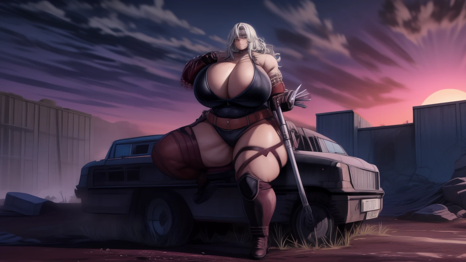 Amidst the desolate expanse of a post-apocalyptic wasteland, a lone figure stands, her silhouette etched against the bleak sunset. Her once radiant skin now bears the scars of time and hardship, marked with grime and the remnants of a sun-bleachedworld. Her long, wild hair frames her determined face, her piercing blue eyes piercing through the smoky haze.
Her outfit, a tattered ensemble of rough fabric and worn leather, clings to her slender frame - an incongruous sight in the wasteland's desolation. The grit and grime of the world have etched fine lines