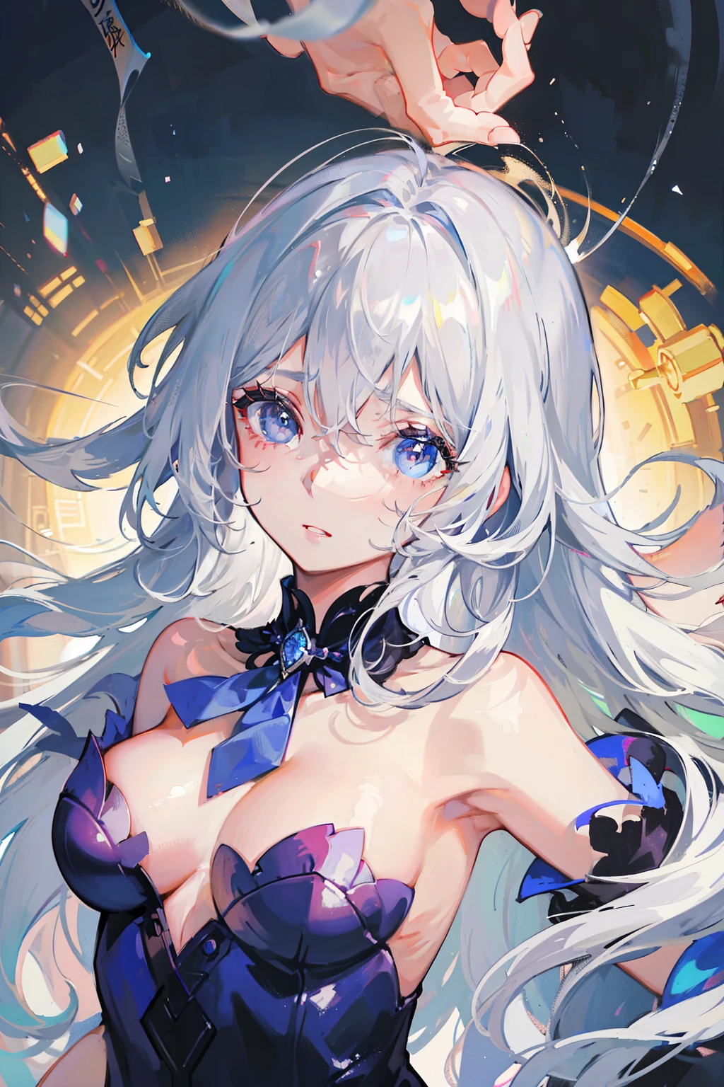 A silver-haired girl ，illuminated by soft light。Her eyes are full of determination，Trying to break free from the caught of many hands。 convey drama , emotion,Half body view, face detailed, masterpiece, best quality, stage lighting, ((struggle))