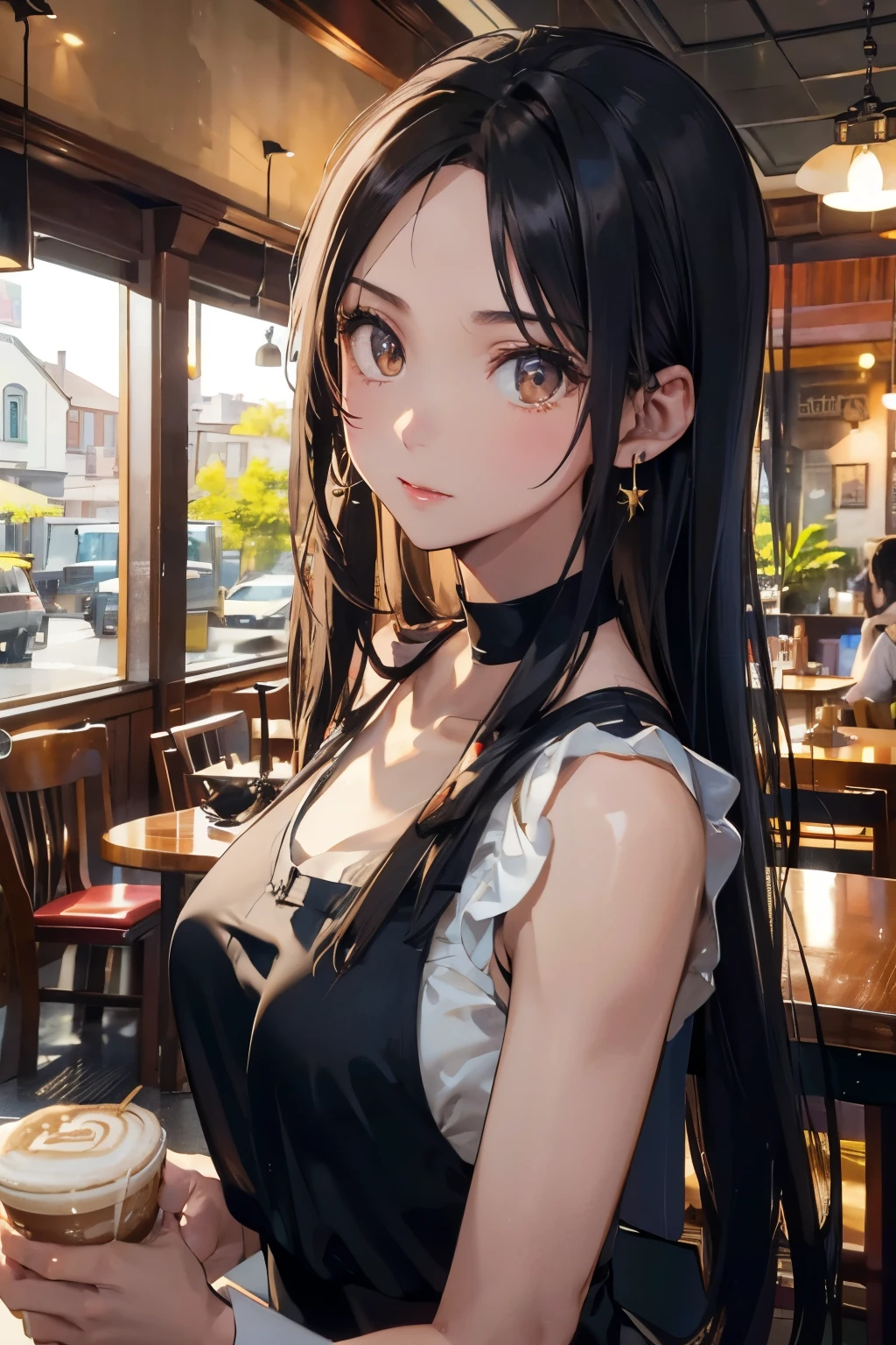 best quality, highres,Slender、brown eyes、tall、black hair、（forehead:1.3)、(semi-long:1.3),bun hair、(Cafe:1.4)、(black sleeveless:1.3)、earrings
