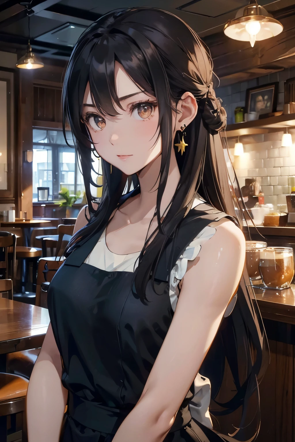 best quality, highres,Slender、brown eyes、tall、black hair、(forehead:1.3)、(semi-long:1.3),bun hair、(Cafe:1.4)、(black sleeveless:1.3)、earrings