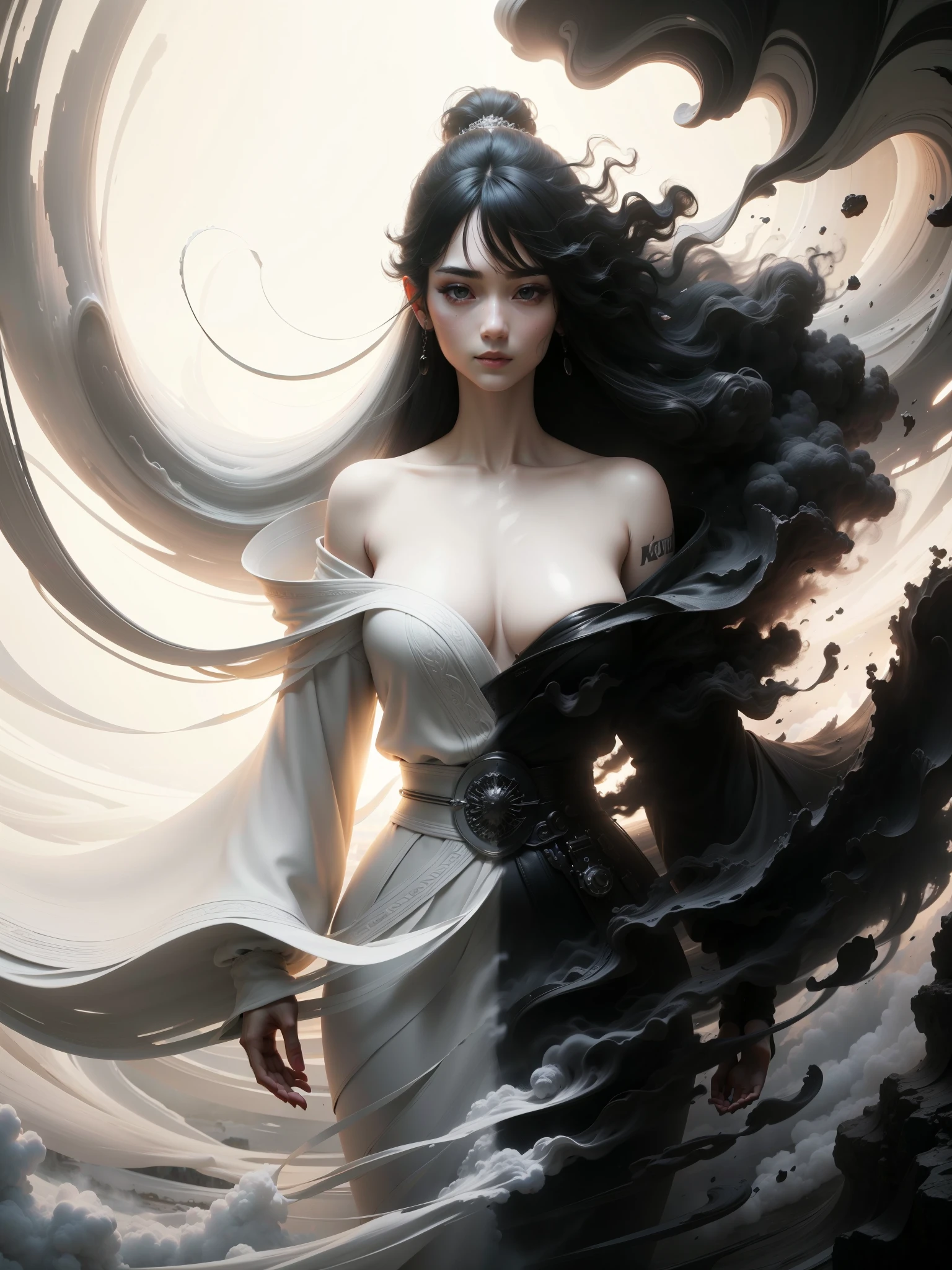 wabstyle, glowing, robe,  (fog,:1.2)  (mist:1.2), smoke, woman composed of white light,  woman composed of black smoke, fire, sun, (photorealistic:1.4), cowboy shot, cinematic angle, fisheye, motion blur, nude, sexly, shoujo kitou-chuu,blue fire, frie rain, Long hair fluttering in the wind, loong, wave, The best smile when you see me、cute emo woman, long dark (white and black hair), punk-rock Lolita, natural breasts, waist up portrait, full body portrait, fashion photography, long wavy white and black hair, ((long black leather coat)), perfect face, ((full body portrait)) no background, Ultra-high definition beautiful teeth, realistic hands, sassi_di_matera in background, wide angle landscape of Matera