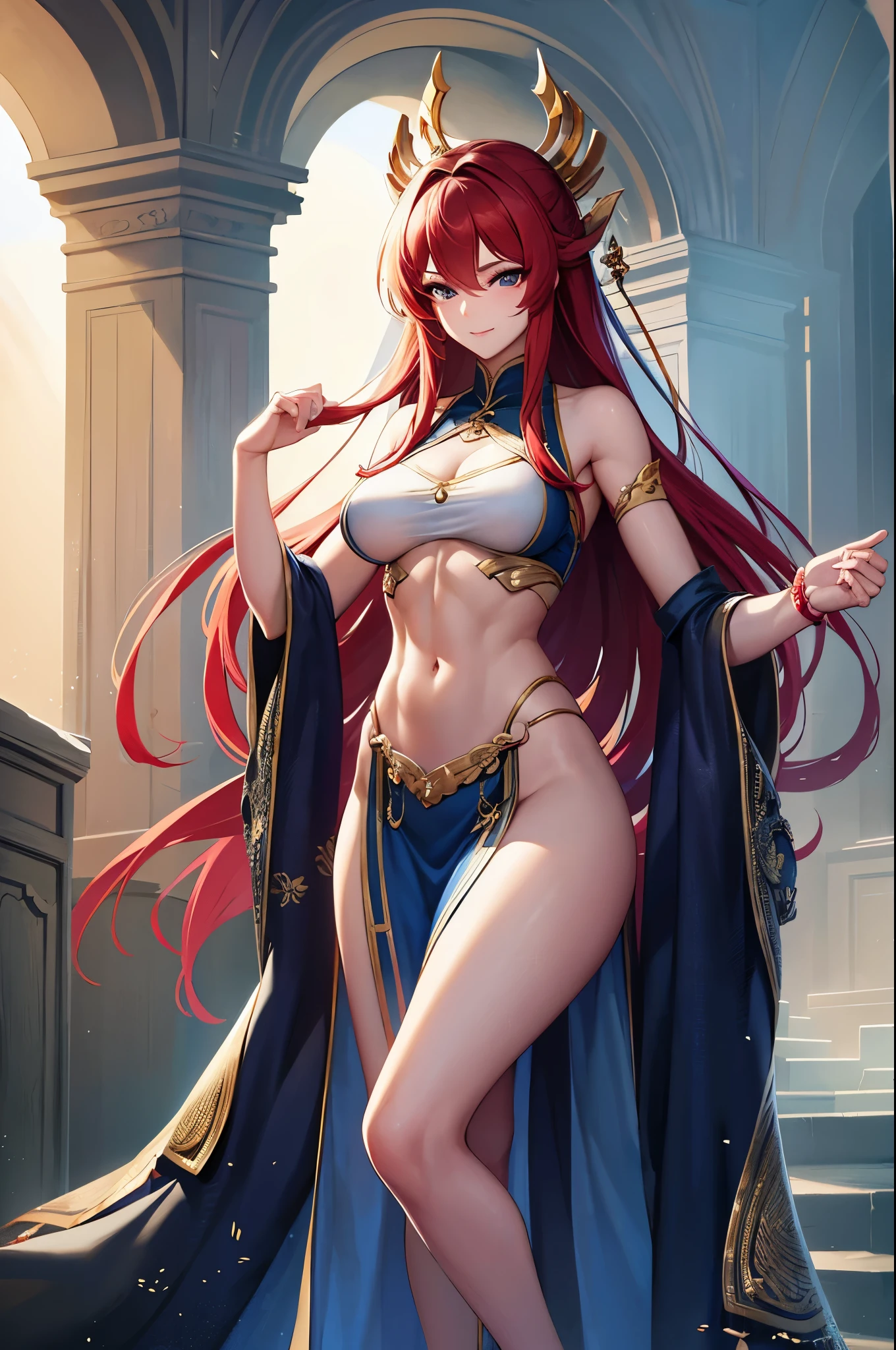 8k,女神のClose-up, Gorgeous Dress, sexy超美人(Like the real thing)Goddess of War,Slender body,Muscular woman,smile,Kind eyes,Beautiful long red hair,Strongly defined abdominal muscles,sexy,Highly detailed artwork, Alexandra Fomina Art Station, 2. 5d cgi anime Fantasy artwork, Fan Art Best Art Station, Amazing character art, Kschat Krentz Key Art Feminine, Chengwei Pan at Art Station,Ultra-high resolution,Fantasy art,Strongly defined abdominal muscles,Slim muscular legs,Very large breasts,Gorgeous long skirt,Inside the temple,View your viewers,smile,Kind eyes,Beautiful expression,Close-up,