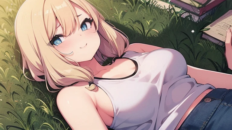 (melhor qualidade,4K,high resolution,obra de arte:1.2),super detalhado, Cena ao ar livre com 1girl, cabelo loiro, cabelo longo e encaracolado, olhos cinzentos, and medium breasts. A garota da jaqueta branca, colarinho, tank top and jeans. A cena se passa em um belo jardim，flores desabrocham，The grass is lush. The sun casts a warm glow on the girl&#39;cara，Ilumina o ambiente. cores brilhantes，Textura rica, Crie imagens visualmente impressionantes, (seduzir sorriso), looking at the audience