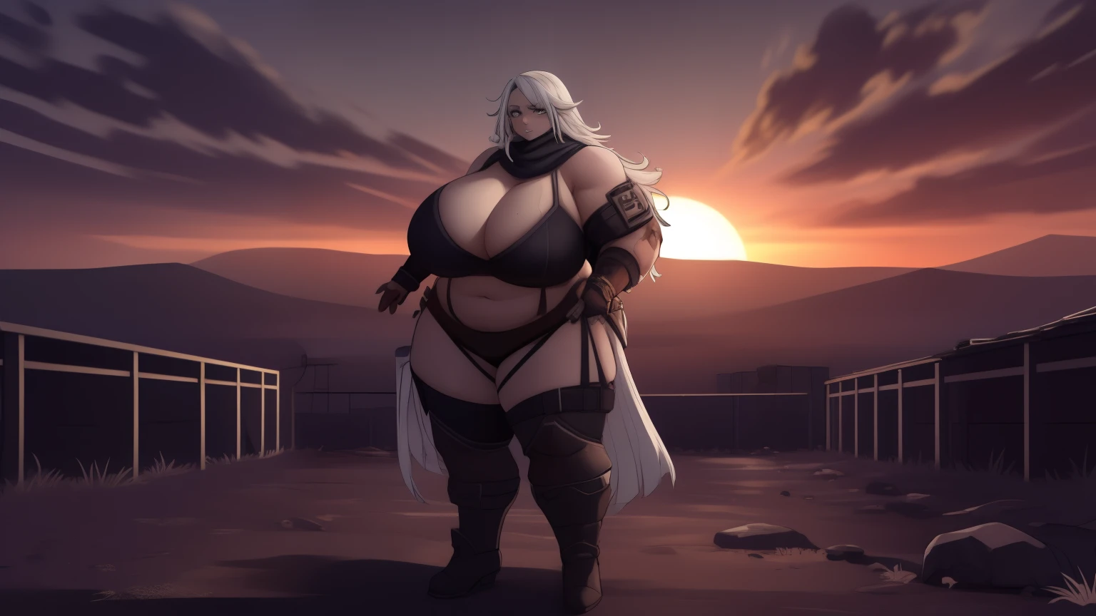Amidst the desolate expanse of a post-apocalyptic wasteland, a lone figure stands, her silhouette etched against the bleak sunset. Her once radiant skin now bears the scars of time and hardship, marked with grime and the remnants of a sun-bleachedworld. Her long, wild hair frames her determined face, her piercing blue eyes piercing through the smoky haze.

Her outfit, a tattered ensemble of rough fabric and worn leather, clings to her slender frame - an incongruous sight in the wasteland's desolation. The grit and grime of the world have etched fine lines