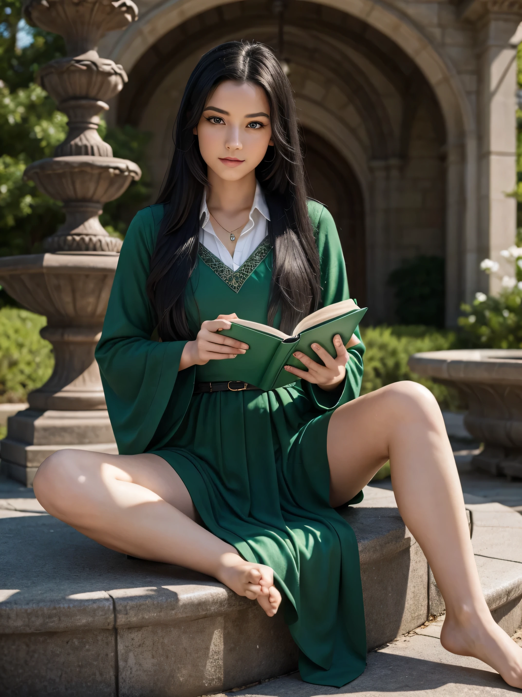A beautiful young Hogwarts student from the Slytherin house. She has long black hair that falls in silky locks to her waist. Her mint green eyes exude strength and arrogance. Her skin is fair and flawless, and her features are delicate. She wears the Slytherin . Full body picture. She's sitting elegantly on the edge of an enchanted siren fountain with her legs crossed, reading a book.