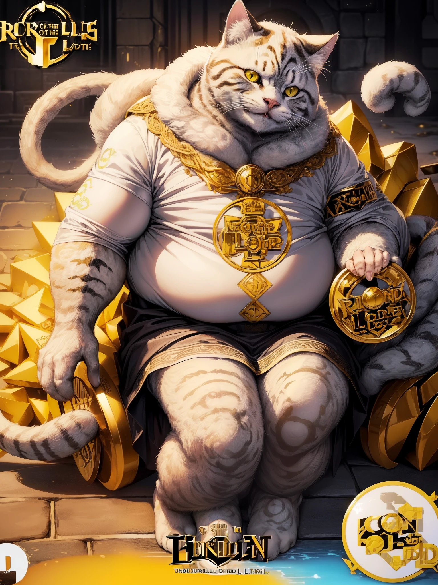 (("Cat Lord of the Rings" (text logo:1.8))) (whole body), (((fat Cats))), (movie「Lord of the Ring」Screensaver Ring」、Fat Cat、movieLord of the Ringの衣装を着たFat Cat）、Main colors: green, gold and white、Very detailed、Surrealism、Sharp Shot、movieのような、Action packed backgrounds、、