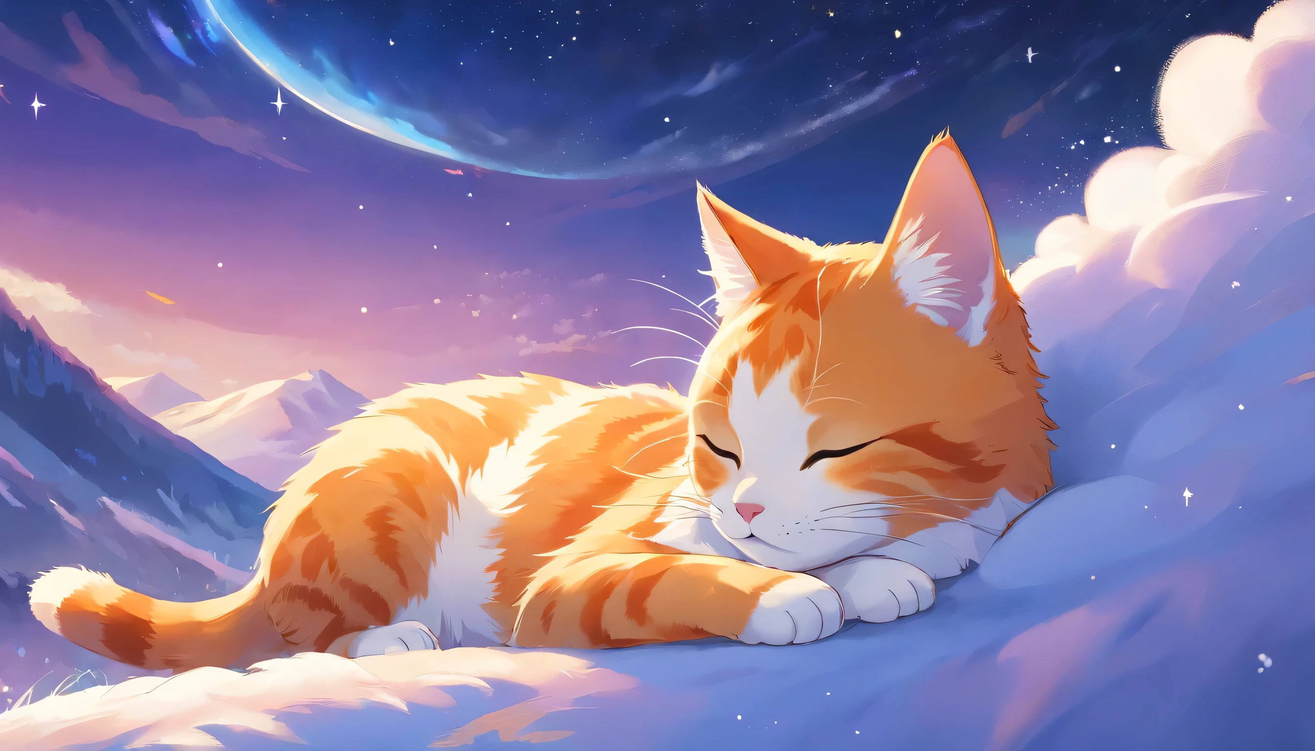 The angle of view is a close-up，HD, Disney Pixar style, digital painting, natural lighting, rich background, edge lighting, dreamy color tone, color palette, aspect ratio 16:9This picture depicts a small orange-and-white cat lying peacefully on a cloud that looks like snow, with its eyes closed, as if enjoying a sweet dream. The cat’s expression is very calm and content, with its mouth corners slightly turned up as if it’s smiling. The background of the painting is a dreamlike starry sky, adorned with dangling stars and soft halos, some of which connect with graceful lines to create a quiet and peaceful night atmosphere.The overall style can be described as full of fantasy and fairy-tale colors. The entire image is dominated by warm and bright colors, The use of color is soft and layered; the orange and white cat contrasts sharply with the dark blue and purple background, creating a warm versus cool tone that enhances the snug feel of the picture.presenting a peaceful, warm, and pleasant feeling that makes one’s mood very relaxed and happy after looking at it. In addition, the details of the painting are exquisitely handled, such as the texture of the cat’s fur, the fluffiness of the clouds, and the twinkling starlight, all of which add to the picture’s delicacy and charm.close eyes