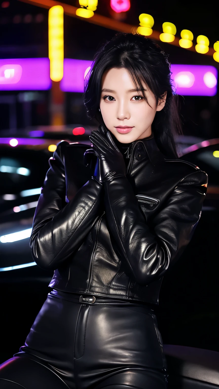 black leather rider jacket, Office in the Dark, Black leather gloved fingertips on both hands,Wearing black leather gloves,Sitting in a black leather chair、 Japanese female new recruits (Black leather gloves cover both hands) (The angle is horizontal)、Black Leather Pants,Black Leather Black Leather Pants,Black Leather Skinny Pants、Long black leather boots on both feet、Black hair ponytail ((He wears black leather gloves on his hands))Full Body Photo,full body shot full body full body leather suit,☺If you turn in this direction。Wearing black leather gloves,Wearing black leather gloves,Wearing black leather gloves,Wearing black leather gloves,Wearing black leather gloves,Wearing black leather gloves,黒のレザーパンツが美しい😍黒のレザーパンツが美しい😍黒のレザーパンツが美しい,😍Smiling while looking at me,City lights、((Neon Cyberpunk City Street:1.3))、(Neon Light)、Detailed lighting、

Best image quality、Ultra-high resolution、(realism:1.4)、Korean Beauty Star、The most beautiful KPOP stars、face、Horny Korean Makeup、A body that makes you want to touch it、Realistic leather texture、Costume made of smooth leather fabric、The drape of the curved parts of the leather fabric、The costume has a strong shine、costume quality、8K photo