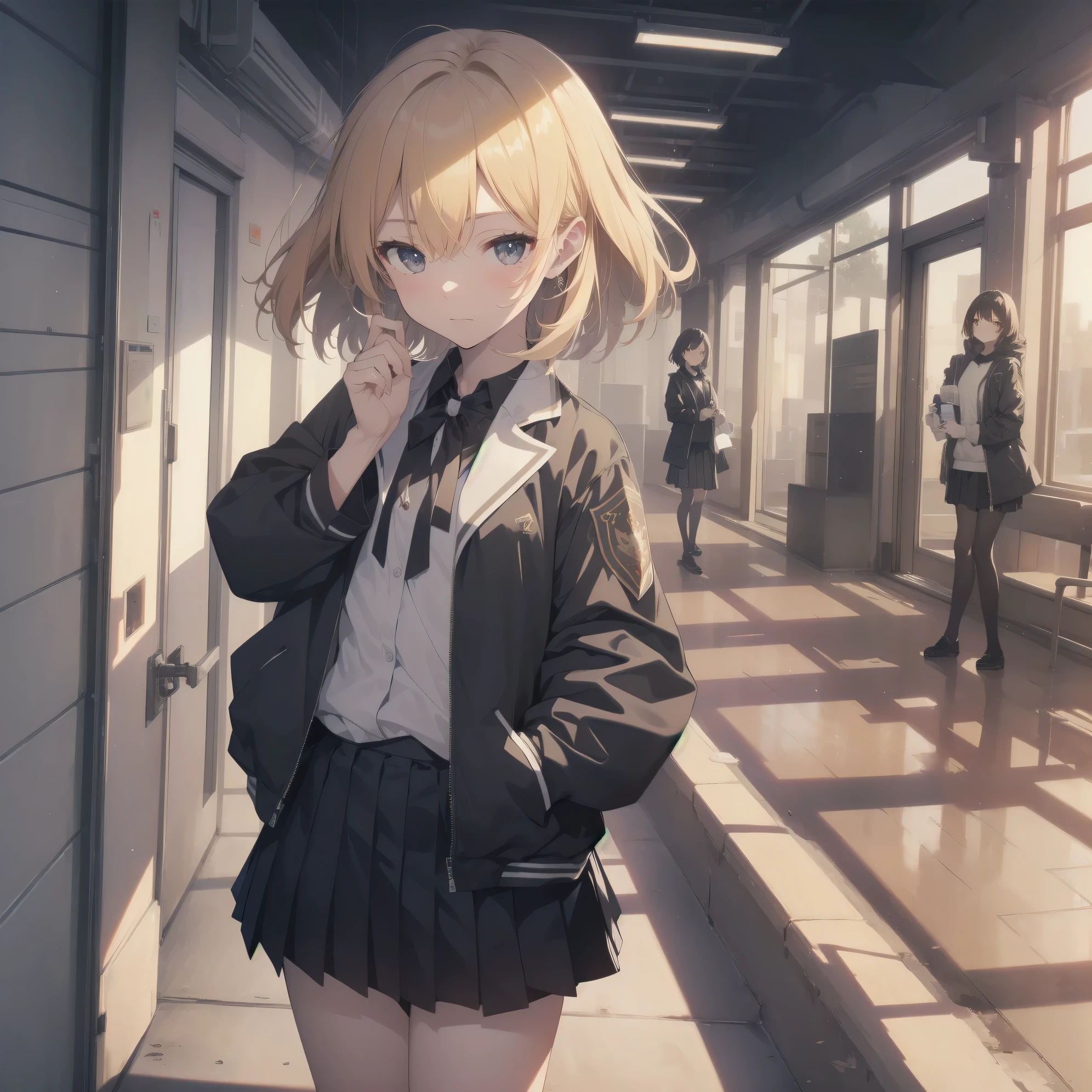 ultra-absurdres-Top quality by artist God, ultra-detailed, high resolution, anime moe artstyle, best anime 8k konachan wallpaper, pixiv contest winner,pool:2810, perfect anatomy,break, 1girl, (Please draw a girl walking sleepily to school alone. )break,(Solo,little female, 13-year-old:1.3),Full limbs, complete fingers,a junior high school student,  (very short hair), short cut, flat chest, , small butt, small black eyes, beautiful detailed eyes, well-proportioned iris and pupils, expressive eyes, highres detailed hair, soft expression, school_uniform, official_alternate_costume, pleated skirt,(Detailed Lighting), (Detailed background), in the School commute route. break,super detailed skin, Best cinematic lighting powered by famous artist, 8k,beauty illustration,photoshop_(medium),very aesthetic,break,((artist:ido_(teketeke))), artist:bolze ,artist:oyari_ashito ,artist:kantoku ,