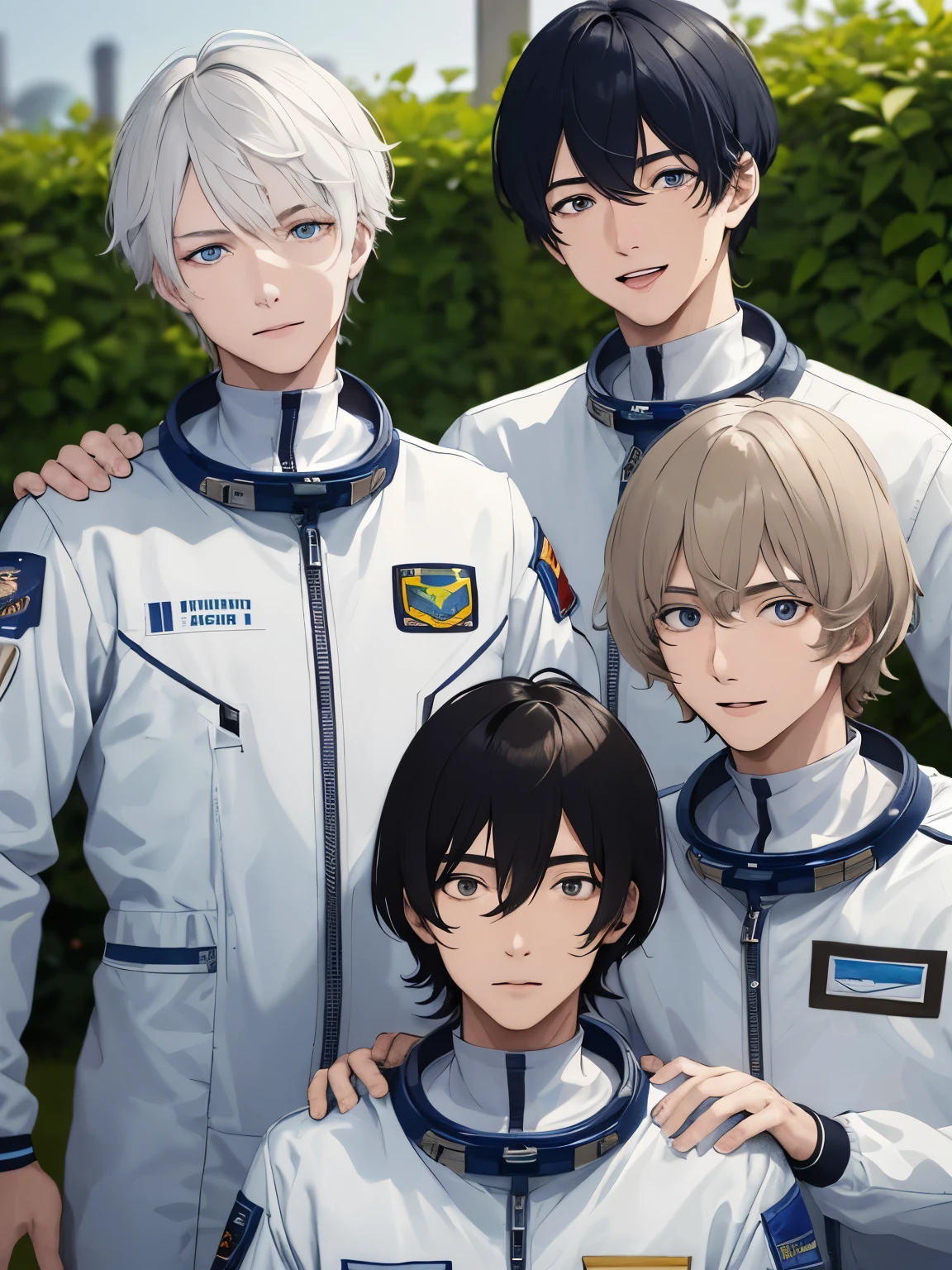 3 men, wearing astronaut uniforms, 30 years old, different hairstyles, different hair colors, different hair styles, different eye colors, ultra detail, ultra HD, garden background
