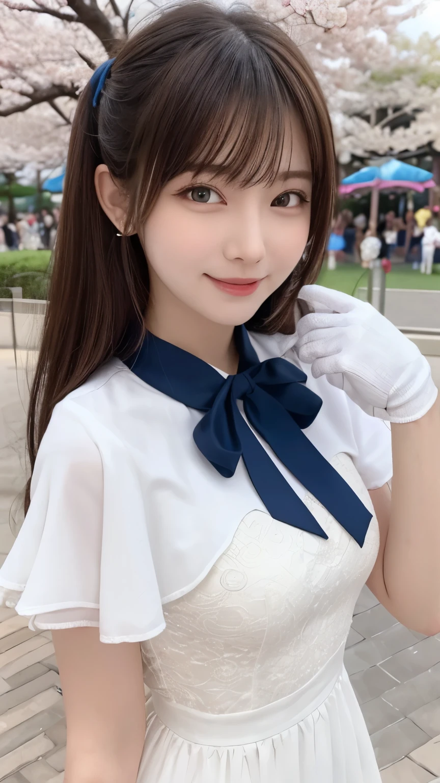 one girl, (a beauty girl, delicate girl:1.3), (:1.3),
break, (spring, Colorful clothes:1.3),
break, (amusement park:1.3), (Cherry blossoms fall:1.3), (wool gloves), perfectly trimmed fingers,
break, Extremely fine resolution, (Symmetrical eyes:1.3),
break, Small breasts, Brown eyes, parted bangs, brown hair, girl,
break, (Eye and facial details:1.0), (Get closer to the face, Make your face bigger, Face Focus:1.0),Face close-up,
break, (masterpiece, highest quality, Very detailed, Detailed face, 8k),SakuraFubuki,Cherry blossom petals,smile,Random Pause、blue eyes、white gloves,ponytail、SakuraFubuki、gloves、break,look back,smile、closeup shot , (masterpiece、highest quality、Official Art:1.2)、(colorful)、Seeing the viewer、1 girl、Portraiture、alone、Colorful floating objects 、peekaboo、touching hair、balloon、amusement park、festival、White dress、Hurrah!、bye bye、Random sexy poses