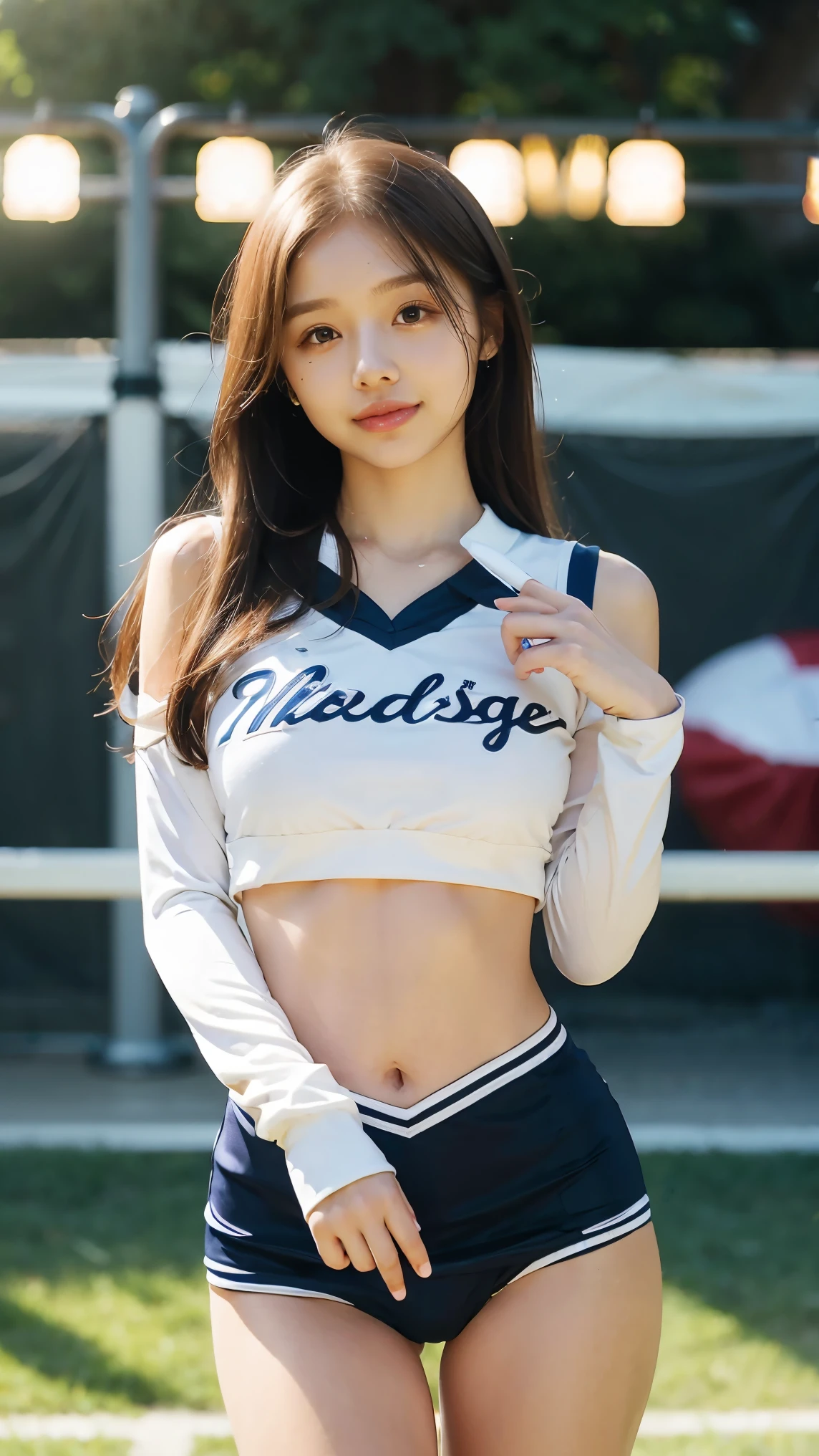 cheerleader,little smile,cheer leading,cheerleader uniform, (((masterpiece))), (((best quality))), ((ultra-detailed)), (illustration), ((an extremely delicate and beautiful)),(bokeh,blurry background),(best shadow), 1girl,white panties, black hair, long hair, kawaii,cute,, shine Highlight Spot on eyes, character focus,head tilt,