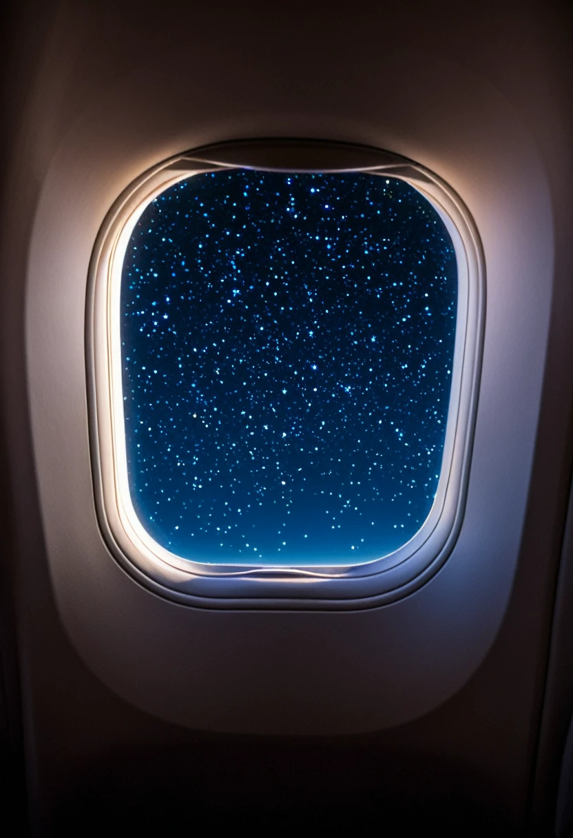 The starry sky is visible from the window of the passenger plane.