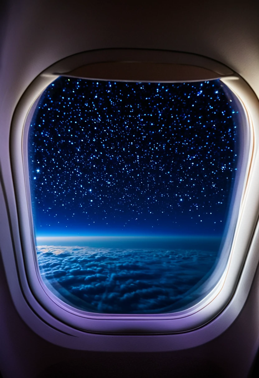 The starry sky is visible from the window of the passenger plane.