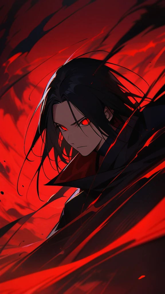 Itachi Uchiha, (/Naruto/), blood red Theme, simple red Background, best quality, artistic portrait, sharingan eyes, cool and mysterious expression, black hair, black cloak with red clouds, ninja stance, dramatic lighting, intense atmosphere, crimson red color scheme, dynamic composition, detailed facial features, powerful and confident demeanor