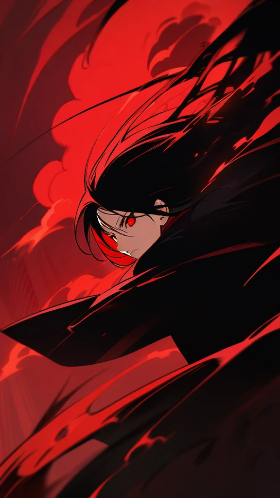 Itachi Uchiha, (/Naruto/), blood red Theme, simple red Background, best quality, artistic portrait, sharingan eyes, cool and mysterious expression, black hair, black cloak with red clouds, ninja stance, dramatic lighting, intense atmosphere, crimson red color scheme, dynamic composition, detailed facial features, powerful and confident demeanor