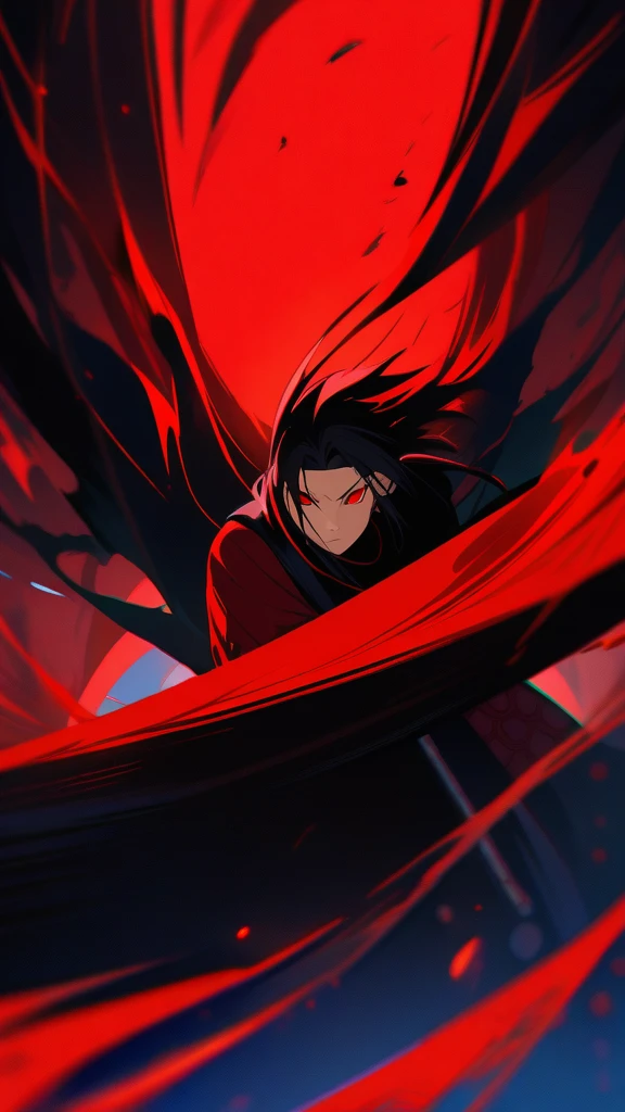 Itachi Uchiha, (/Naruto/), blood red Theme, simple red Background, best quality, artistic portrait, sharingan eyes, cool and mysterious expression, black hair, black cloak with red clouds, ninja stance, dramatic lighting, intense atmosphere, crimson red color scheme, dynamic composition, detailed facial features, powerful and confident demeanor