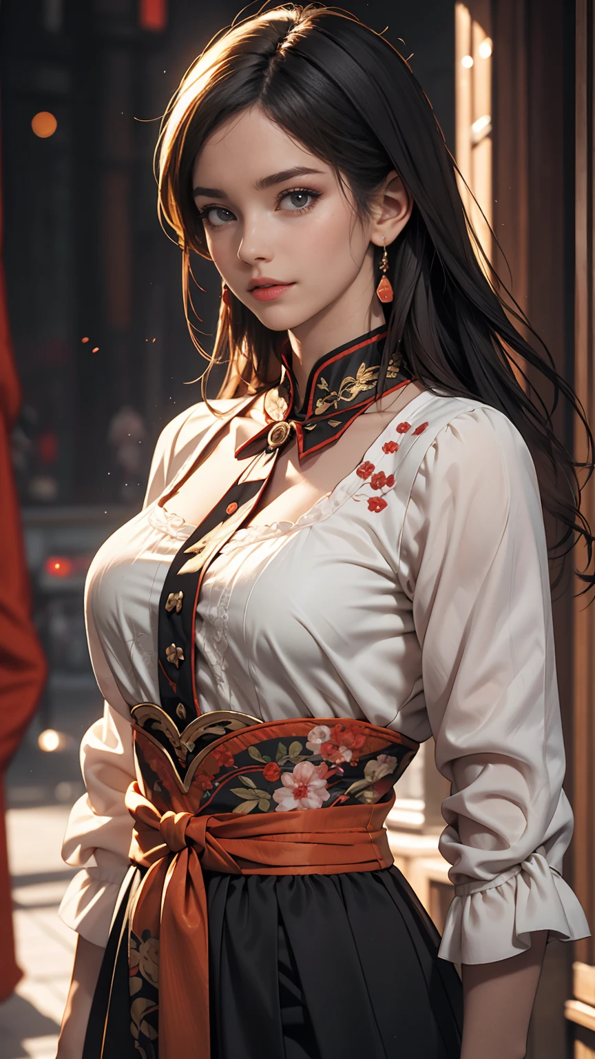 In a quiet night、Photo of a beautiful girl in traditional Chinese dress looking at an ancient Chinese book under a lamp on a low table in an old walled garden,((She holds a pen in her right hand、The left hand is placed on the table)),((masterpiece)),Realistic,4K,Very detailed,((Beautiful big eyes))、Sexy proportions、Sexy、Narrow waist