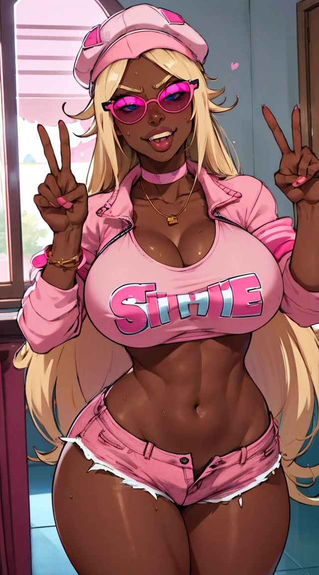 1 female, perfect, best quality, highres, dark skin, huge breasts, blond very long hair   , , blue eyes, tanned, tan lines, smug, fang, , sweating, indoor, house, , pink jacket , short shorts ,pink cap , pink choker , (((pink sunglasses))),  doing peace sign with hand , tongue out 