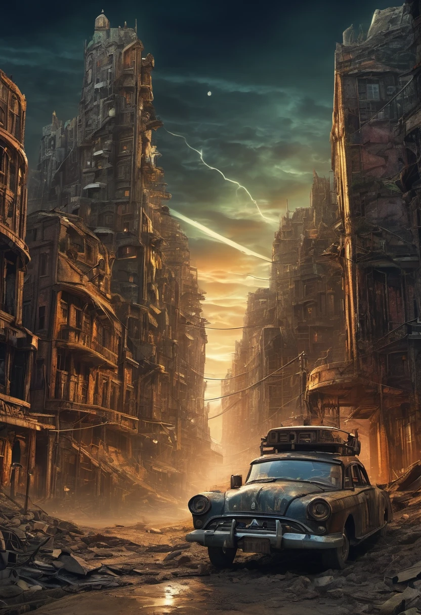 (best quality, high resolution, Extremely sharp), magic, Post-apocalyptic wasteland , City, car, people, On the curvature of post-apocalyptic spacetime, in the dark night, Art Deco, Zentangle, 3d crunch, Movie, Extreme post-apocalyptic landscape