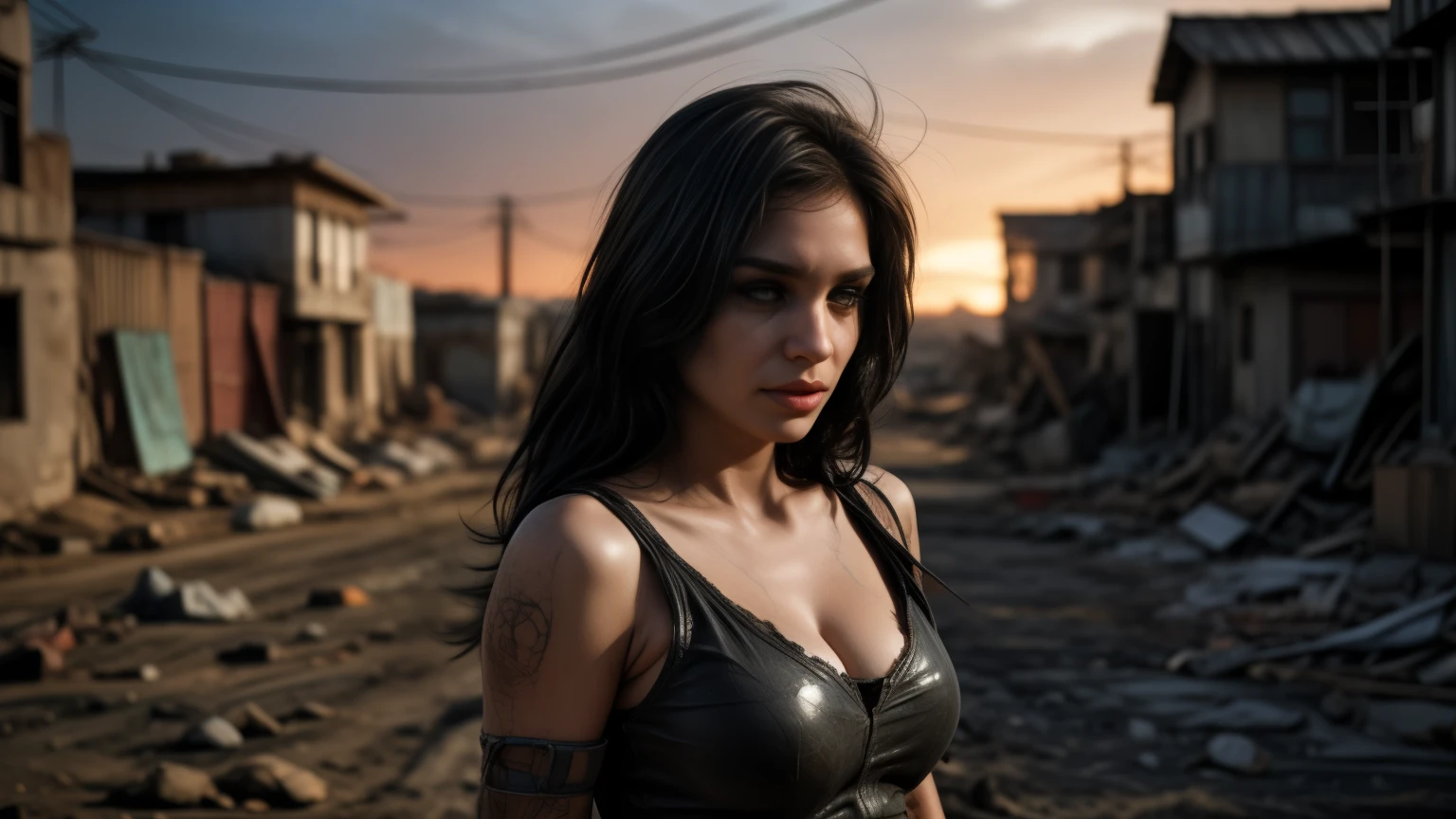 Amidst the desolate expanse of a post-apocalyptic wasteland, a lone figure stands, her silhouette etched against the bleak sunset. Her once radiant skin now bears the scars of time and hardship, marked with grime and the remnants of a sun-bleachedworld. Her long, wild hair frames her determined face, her piercing blue eyes piercing through the smoky haze.

Her outfit, a tattered ensemble of rough fabric and worn leather, clings to her slender frame - an incongruous sight in the wasteland's desolation. The grit and grime of the world have etched fine lines