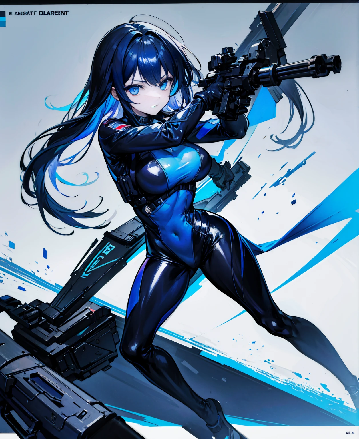 There is no background，girl，Carry a firearm，Patent leather tight suit，Use of firearms，Navy blue long hair，attention arousal，Blue colored eyes,No gradients