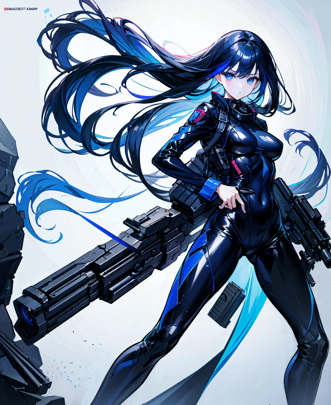 There is no background,girl,Carry a firearm,Patent leather tight suit,Use of firearms,Navy blue long hair,attention arousal,Blue colored eyes,No gradients