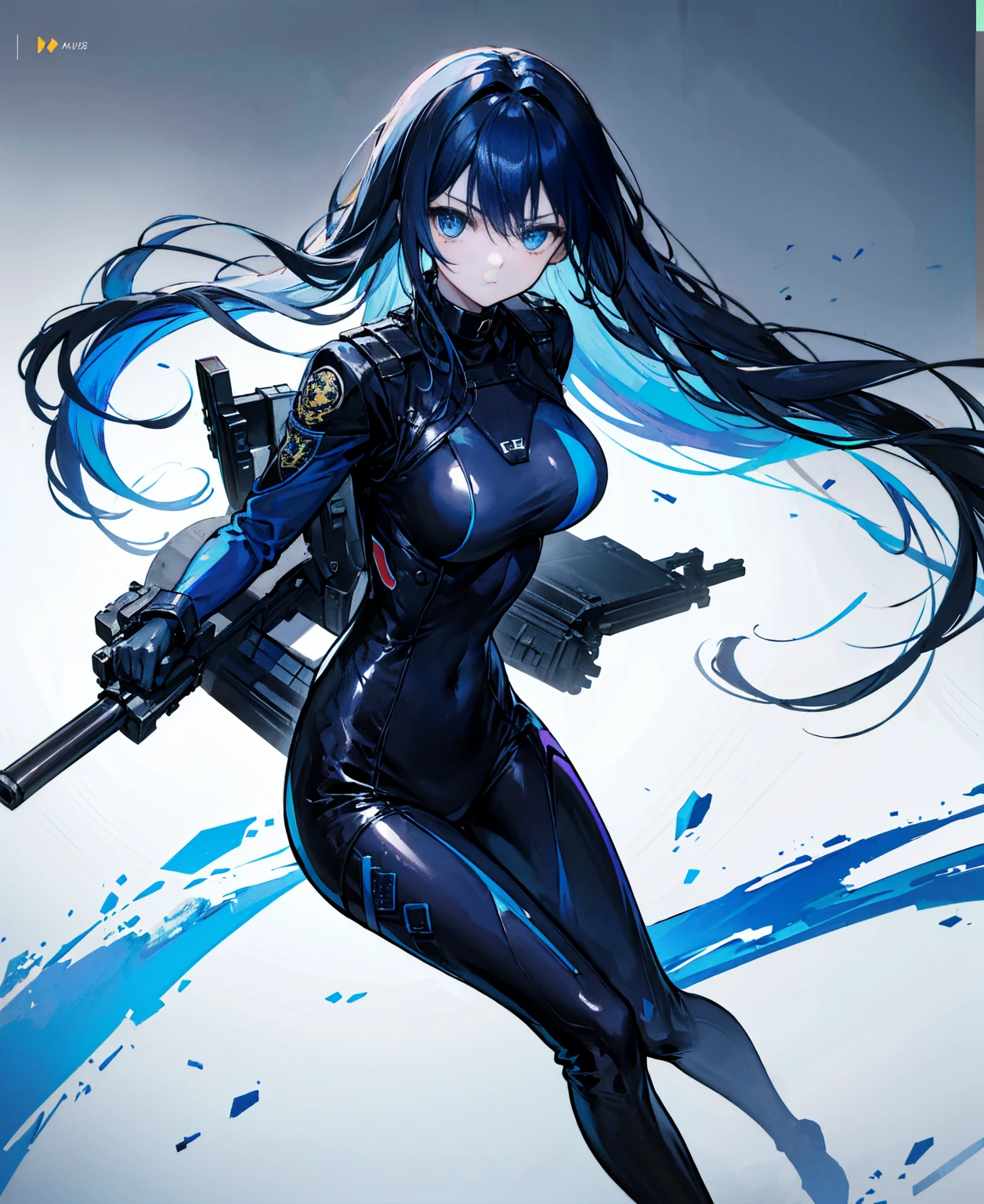There is no background，girl，Carry a firearm，Patent leather tight suit，Use of firearms，Navy blue long hair，attention arousal，Blue colored eyes,No gradients