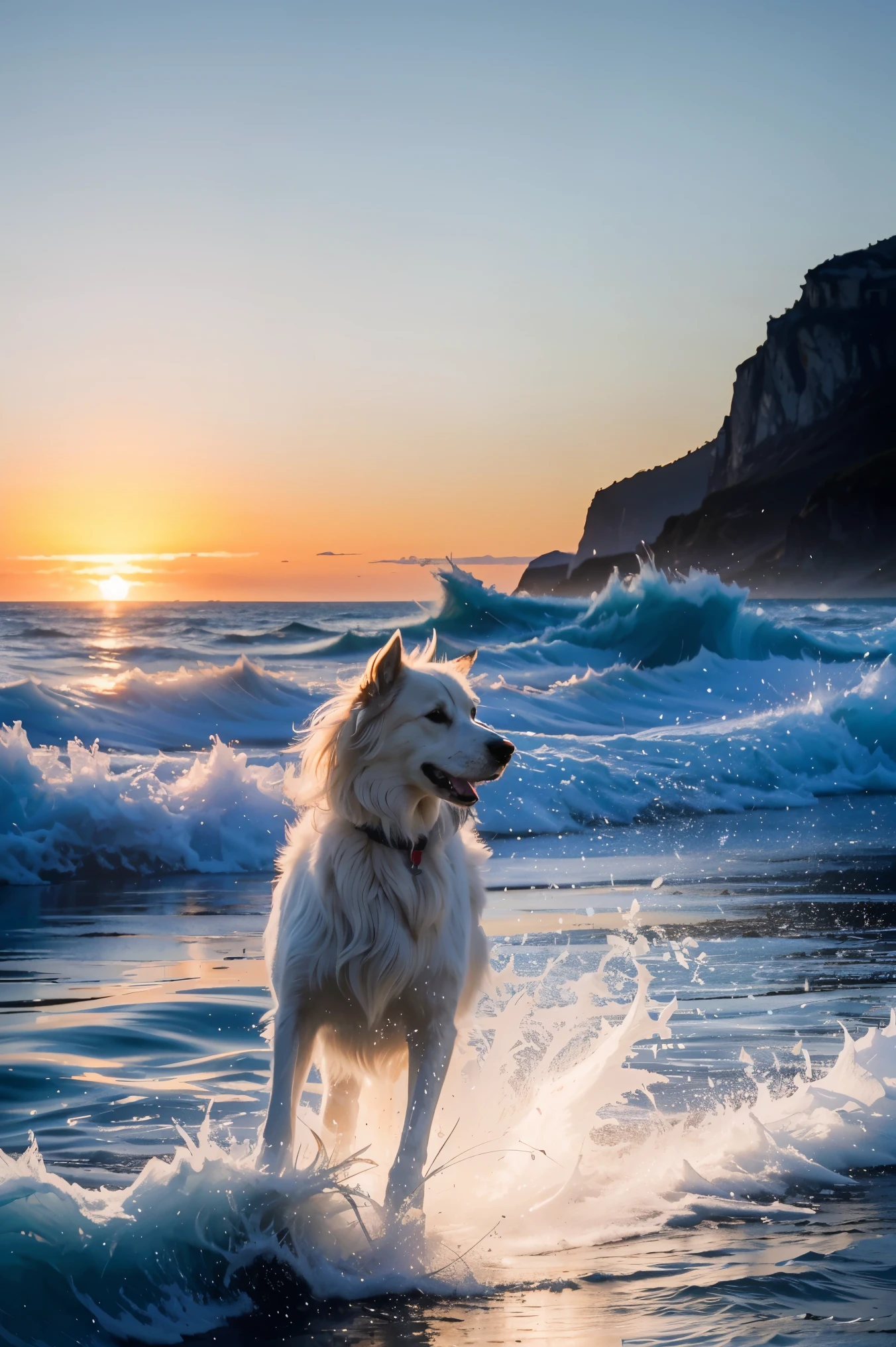 long shot of a Varied Relaxing Albanian Male Veterinarian, White hair styled as Shaggy, background is Glacier, at Sunset, soft focus, Light, soft light, F/8, Beige and Navy Blue splash, Swirling, extremely hyper aesthetic