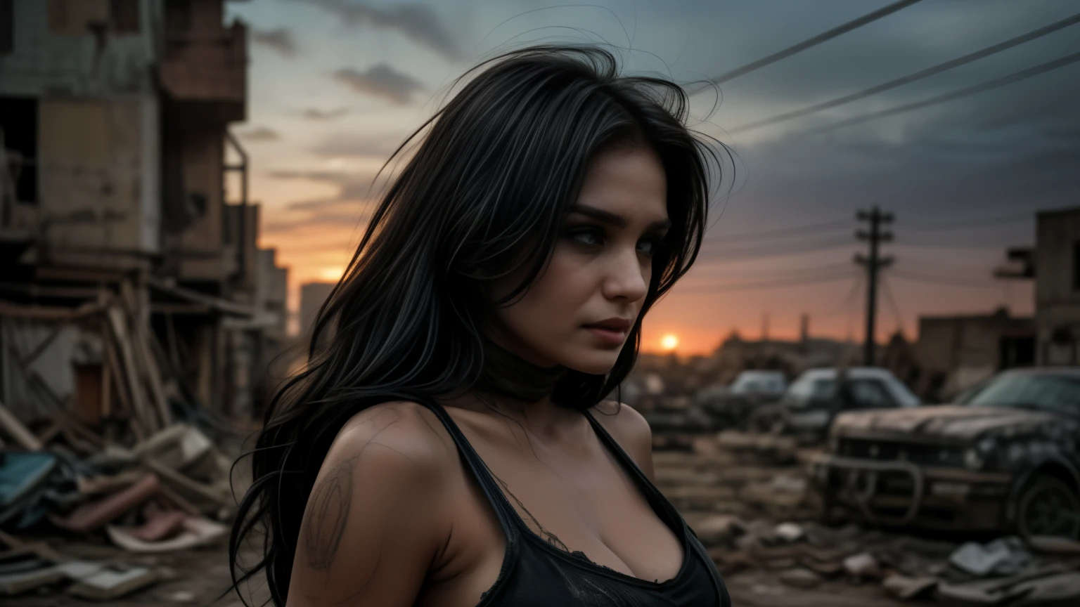 Amidst the desolate expanse of a post-apocalyptic wasteland, a lone figure stands, her silhouette etched against the bleak sunset. Her once radiant skin now bears the scars of time and hardship, marked with grime and the remnants of a sun-bleachedworld. Her long, wild hair frames her determined face, her piercing blue eyes piercing through the smoky haze.

Her outfit, a tattered ensemble of rough fabric and worn leather, clings to her slender frame - an incongruous sight in the wasteland's desolation. The grit and grime of the world have etched fine lines