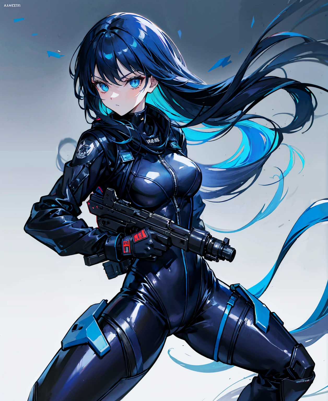 There is no background，girl，Carry a firearm，Patent leather tight suit，Use of firearms，Navy blue long hair，attention arousal，Blue colored eyes,No gradients