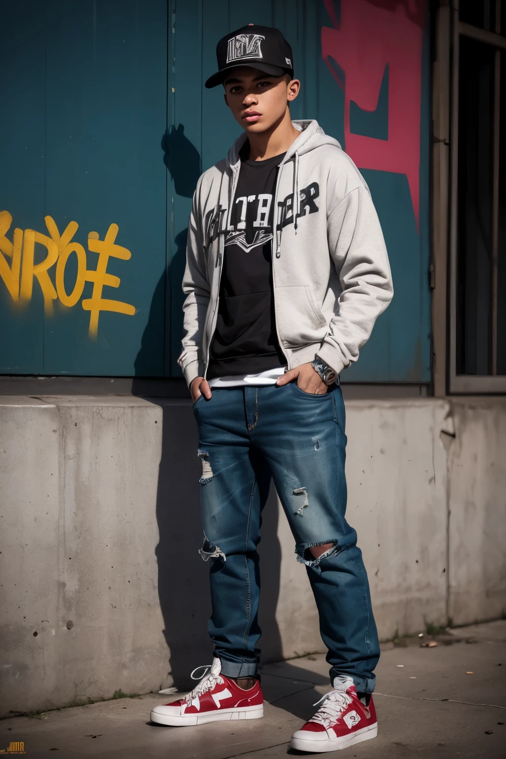 RAW, Best quality, high resolution, Masterpiece: 1.3), Beautiful urban boy, Masterpiece, Detailed face, Realistic, 1boy, graffiti covered clothes, urban decay, expressive eyes, worn out sneakers, baseball cap, hip hop culture, edgy, street art, concrete jungle, graffiti on walls, neon lights, particle effects, volumetric lighting, gritty texture, urban background.
RAW, Best quality, high resolution, Masterpiece: 1.3), Urban boy, Masterpiece, Expressive face, Detailed, 1boy, graffiti covered clothes, hip hop culture, Urban decay, hoodie, worn out jeans