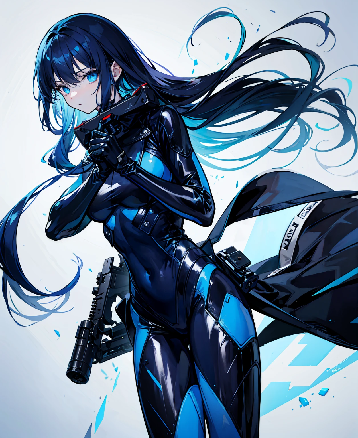 There is no background，girl，Carry a firearm，Patent leather tight suit，Use of firearms，Navy blue long hair，attention arousal，Blue colored eyes,No gradients