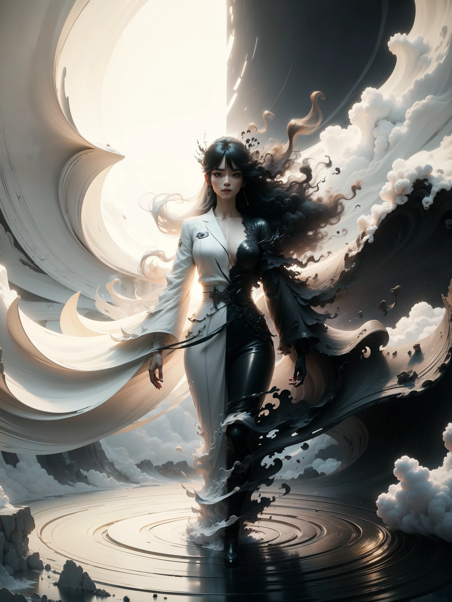 wabstyle, glowing, robe,  (fog,:1.2)  (mist:1.2), smoke, woman composed of white light,  woman composed of black smoke, fire, sun, (photorealistic:1.4), cowboy shot, cinematic angle, fisheye, motion blur, nude, sexly, shoujo kitou-chuu,blue fire, frie rain, Long hair fluttering in the wind, loong, wave, The best smile when you see me、cute emo woman, long dark (white and black hair), punk-rock ****ta, natural breasts, waist up portrait, full body portrait, fashion photography, long wavy white and black hair, ((long black leather coat)), perfect face, ((full body portrait)) no background, Ultra-high definition beautiful teeth, realistic hands, sassi_di_matera in background, wide angle landscape of Matera