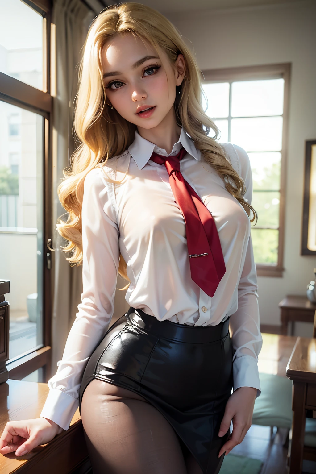 photorealistic, masterpiece, high resolution, detailed, 
1 beautiful japanese milf, bold mascara, transparent sparkle eyes, eyelashes, dark blonde curly long hair, slender, small and sagged breast, wearing white see-through shirt, red tie, black vest, red skirt, 
looking at viewer, surprised smile, opened mouth, 

in a living room, soft lighting, 