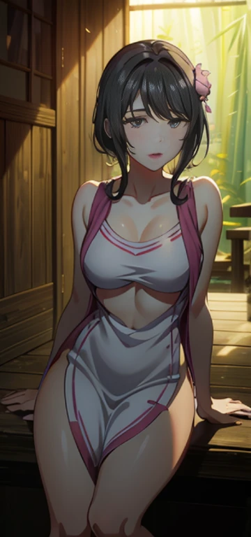1 Female,Age 35,Mature Woman,Long legs,Big breasts and small waist,slim,Big Breasts ,Pornographic exposure, alone,(background:bamboo forest,lotus,Lotus flower,Exterior,Lotus Pool) She has short black hair,Stand on your own two feet,sweat profusely,Soaking wet,View from the front, Hair Straightening, Cloudy,(((masterpiece),(Highly detailed CG Unity 8k wallpaper),highest quality,Cinema Lighting,Detailed background,Beautiful and fine details,Bright Eyes,Iris,(Very elegant and beautiful),(Beautifully detailed eye depiction),Super detailed,masterpiece,)),To the camera,High resolution,Super detailed),Exposing the breasts,Naked genitals, bulge,Legs open,Raised to be sexy,Camel Toe,Face becomes red,Open your mouth,frontage,White floral headband,Primary school students(wear:Sexy Apron,Athletic Sneakers)The camera is looking from the bottom up、Sitting