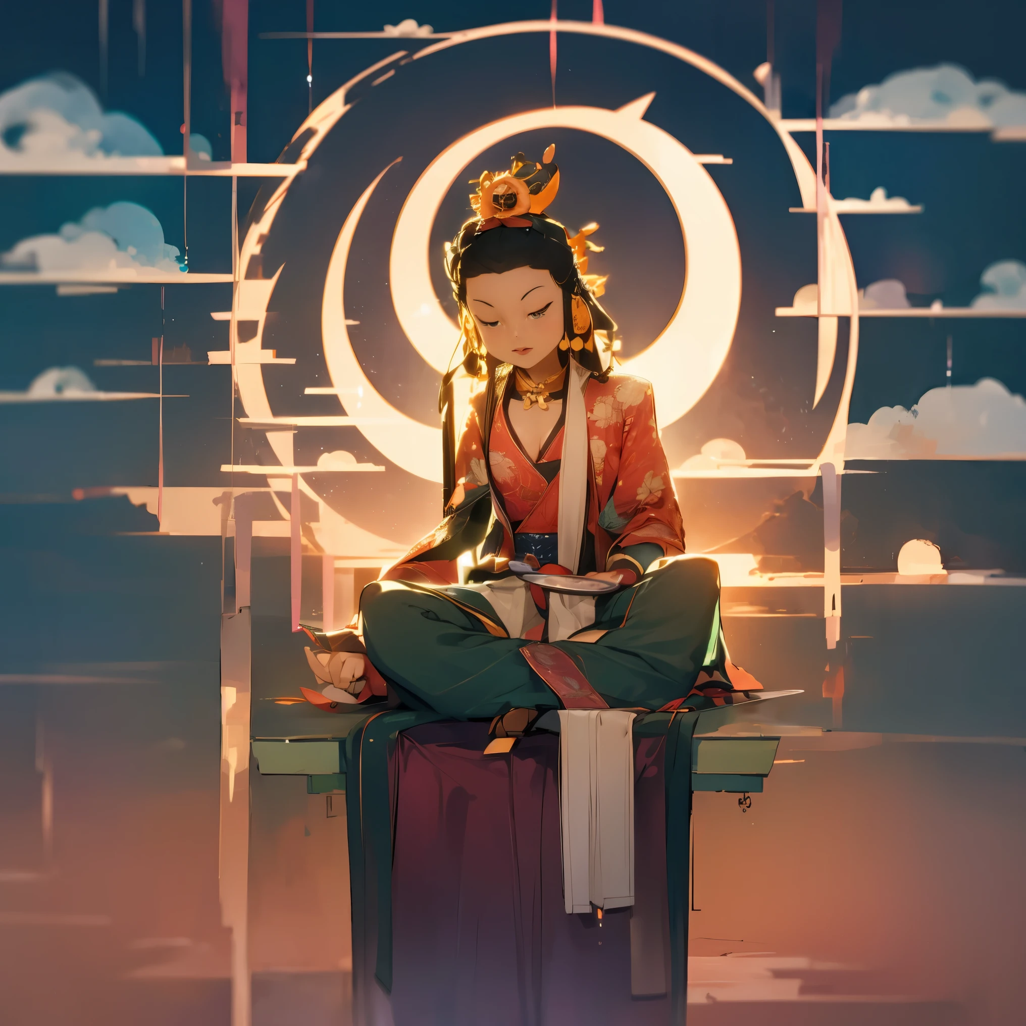 ((Guan yin)),1 boy,ocean,night,cloudy,necklace,Circle,坐莲flower,flower,jewelry,bracelet,new moon,earrings
