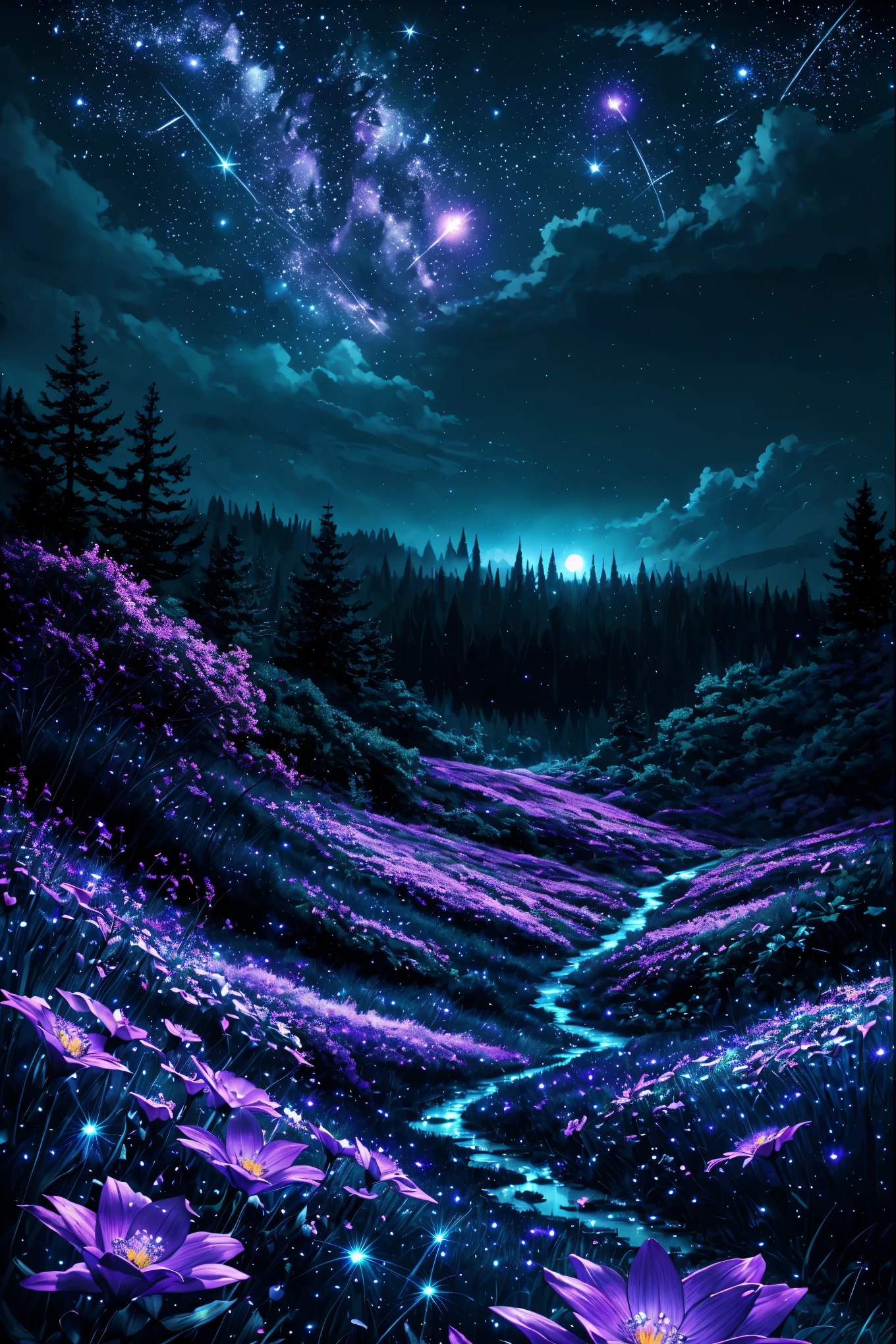 Prompt: landscape, moonlight, night time, stars, fireflies, flowers. night time, magical, fantasy, mythical, 4k, 8k, extremely clear, masterpiece, field of depth, hdr, detailed, hyper quality, vibrant, sharp focus, good composition, vivid, bright colors, high contrast,