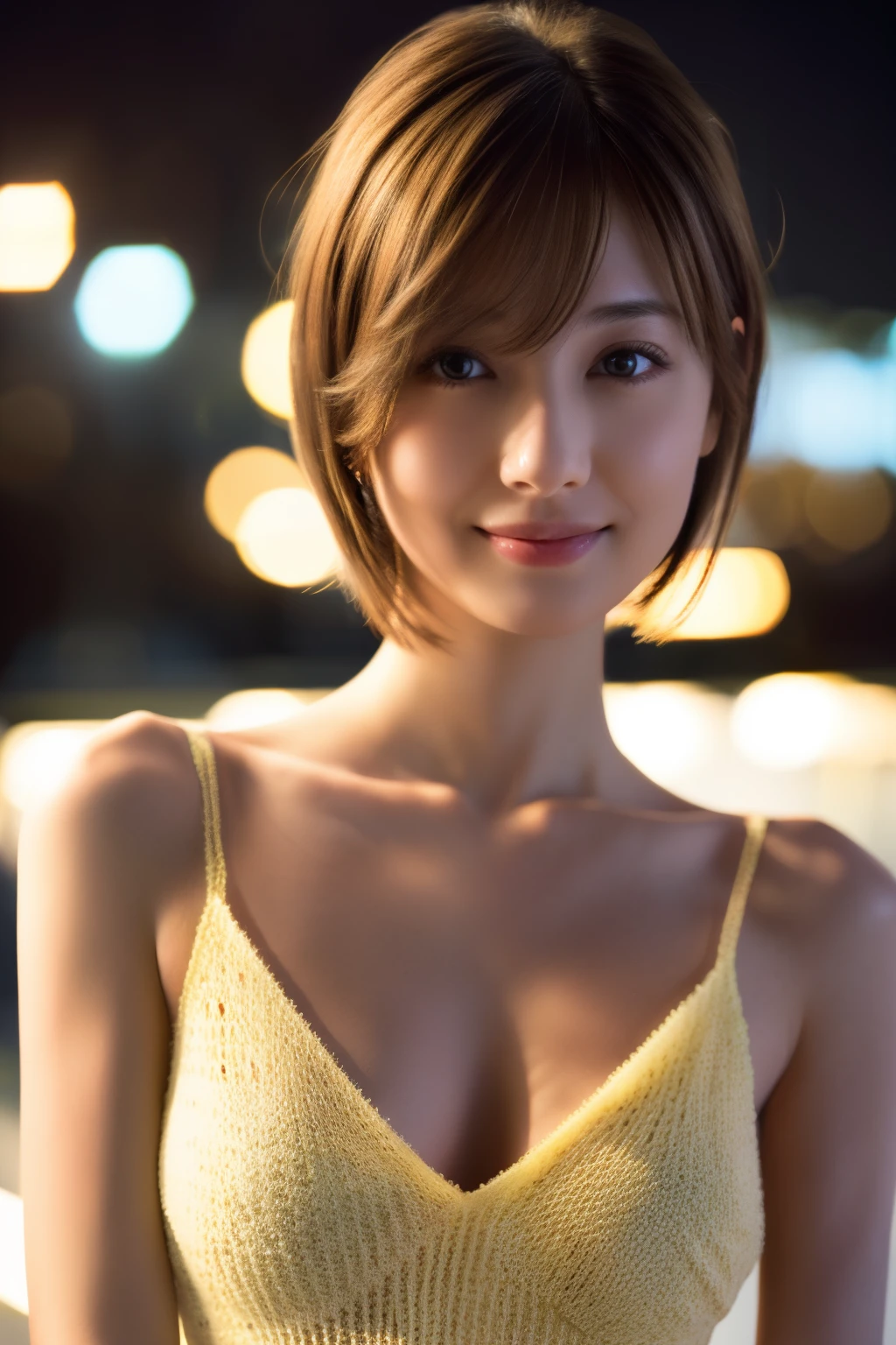 19-year-old girl, (Light yellow V-neck sheer knit dress), (Cleavage), RAW Photos, highest quality, (Realistic), Very delicate and beautiful, Very detailed, 8k wallpaper, High resolution, Soft Light, Very detailedな目と顔, Beautiful and detailed nose, Fine and beautiful eyes, Cinema lighting, City lights at night, Perfect Anatomy, Slender body, Shapely breasts, (Straight hair), (short hair), (Look forward), (View your viewers), smile, Asymmetrical bangs, Light brown hair