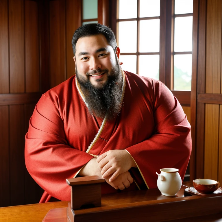 human nature, cannon, male, solitary, ((Round Face, Very plump face, thick beard)), ((endomorph body type, Handsome)), Chinese traditional clothing,Red Kimono,((domestic ox, ox) Fluffy fur, Fluffy), (In a wooden house), ,high quality,Bokeh, (high quality, high resolution, masterpiece), (Dynamic Lighting, Vibrant colors), (Generous smile), (Face focus), Front view (close up), cartoon, author:Takemoto Arashi, by zixiong, author:Chunni, author:Empty Ghost