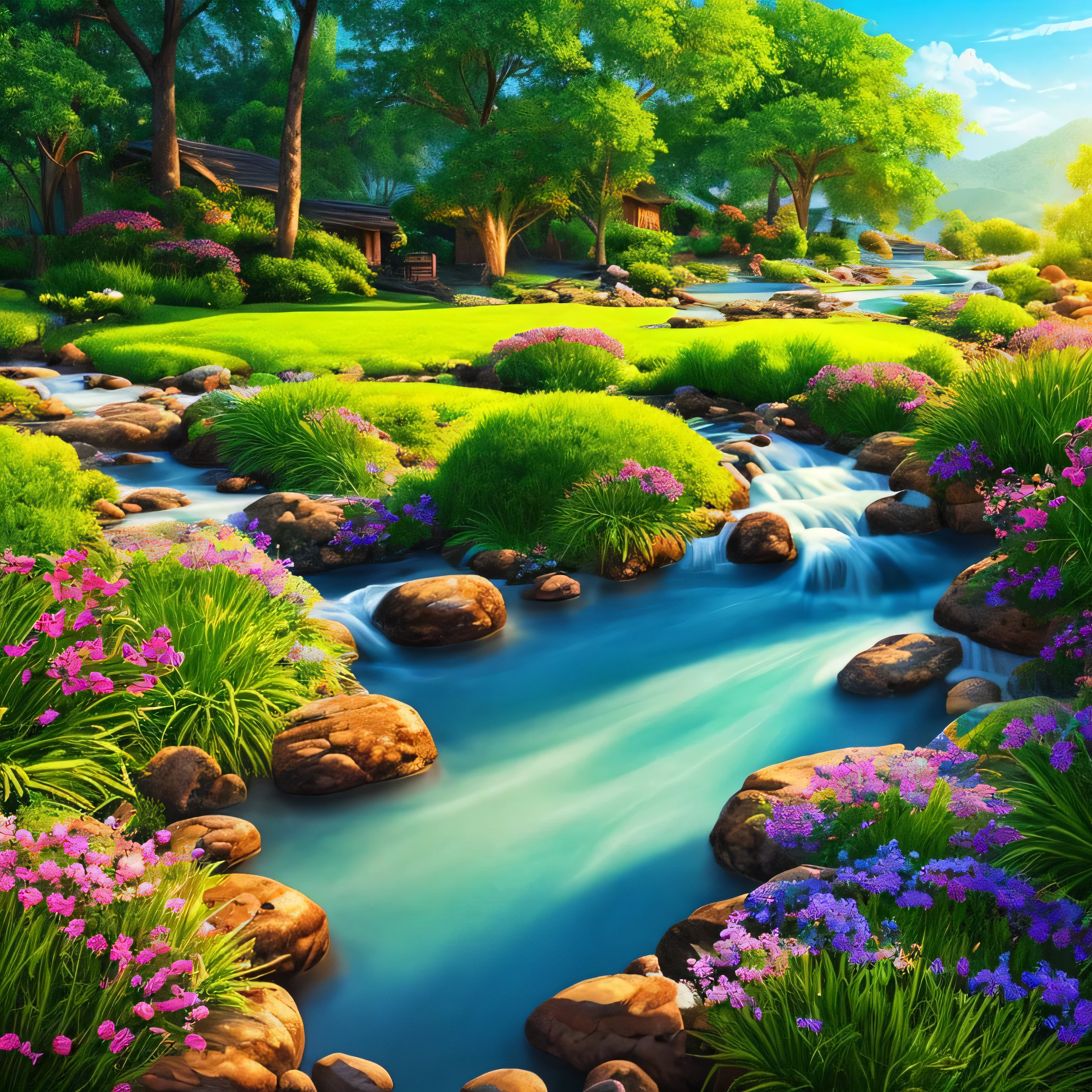 masterpiece, 最high quality, high quality, Very detailed CG unity 8k wallpaper, With vibrant colors and bright skies、an extremely colorful and pure fantasy environment, Bright green grass landscape, colorful trees々, Shining Fruit, Bright blue flowers. The stream is a deep blue color, The air is filled with sweet exotic scents. The environment looks like something out of a dream,  Award-winning photography, Bokeh, Depth of written boundary, High resolution, bloom, chromatic aberration ,Realistic,Very detailed, Trending on Artstation, Trending on CGSociety, Complex, Attention to detail, dramatic, art：midjourney 