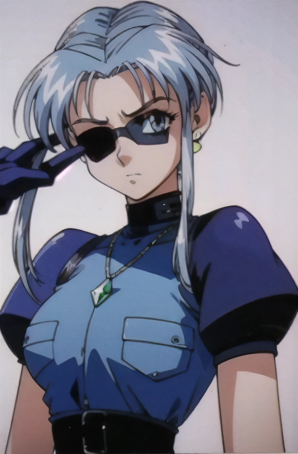 (simple white background:1.4), masterpiece, best quality, 1girl, looking at viewer, ultra detailed, medium shot, long hair, braid, white hair, crystal necklace, eyepatch, dark blue dress, earrings,