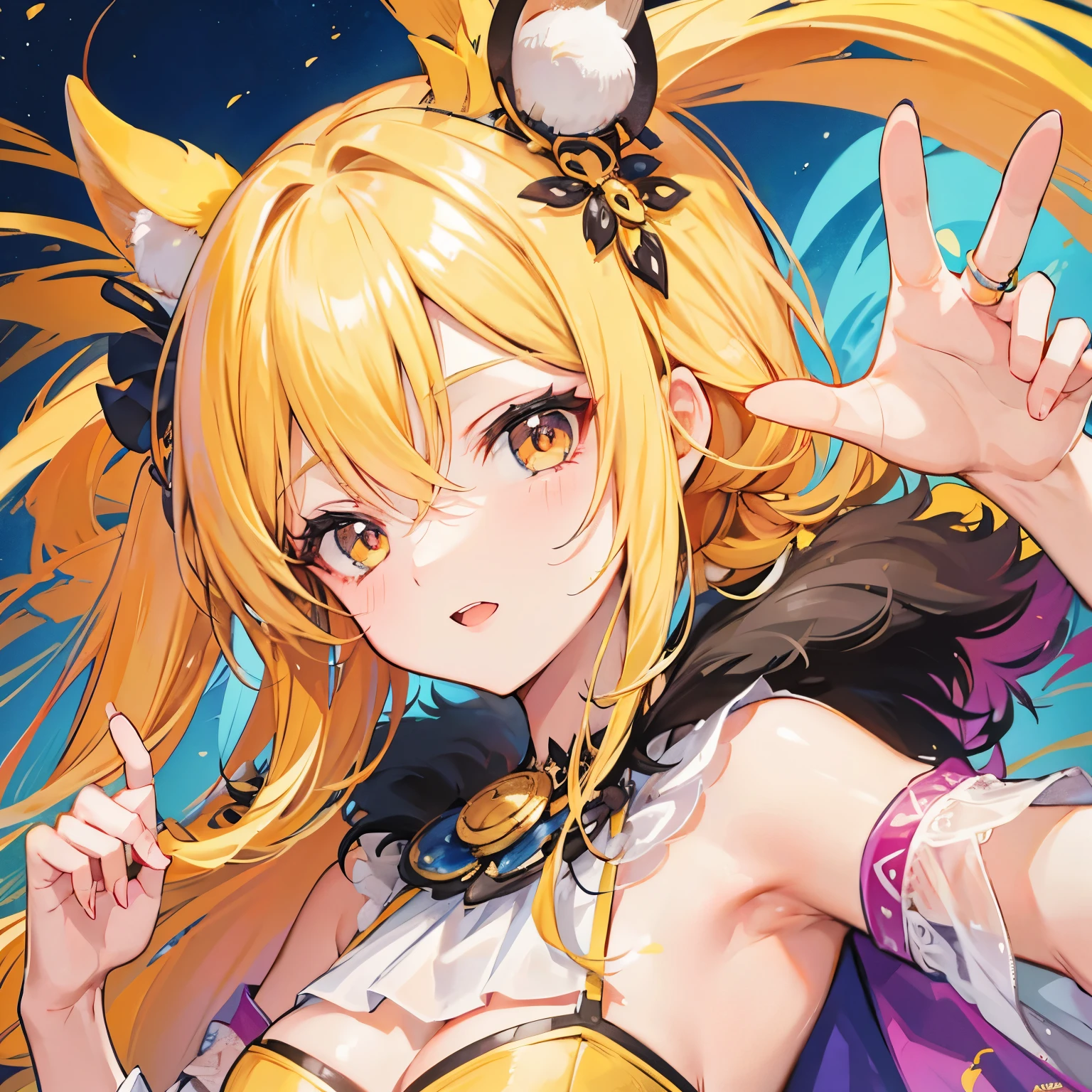 masterpiece, best quality, (Anime:1.4), two anthropomorphic fox-eared female characters, close together, intricate floral hair decorations, golden eyes, dark-haired character in dark outfit with golden accents and luminous blue patterns, blonde-haired character in golden outfit with detailed patterns, magical nighttime forest, glowing flowers and plants, soft luminous lighting, purple and blue tones, high detail, by Kuroneko, Artstation