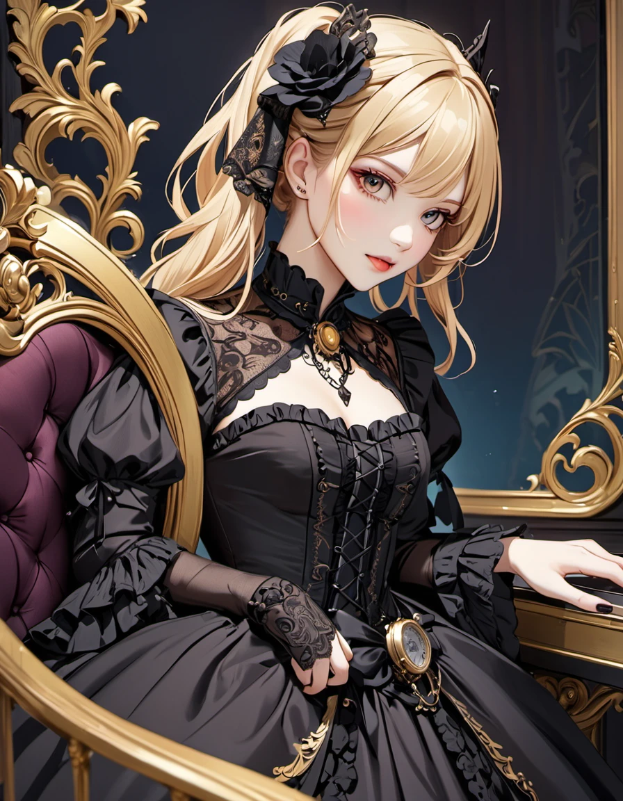 woman wearing dress and boots , baroque dress, wearing a detailed steampunk dress, elegant gothic princess, victorian gothic lolita fashion, historical baroque dress dark, black gothic lolita dress, fantasy style clothing, rococo dress, black rococo, fantasy costume, wearing a gothic dress, romantic dress, gothic dress,blonde,,(((upper body portrait)))